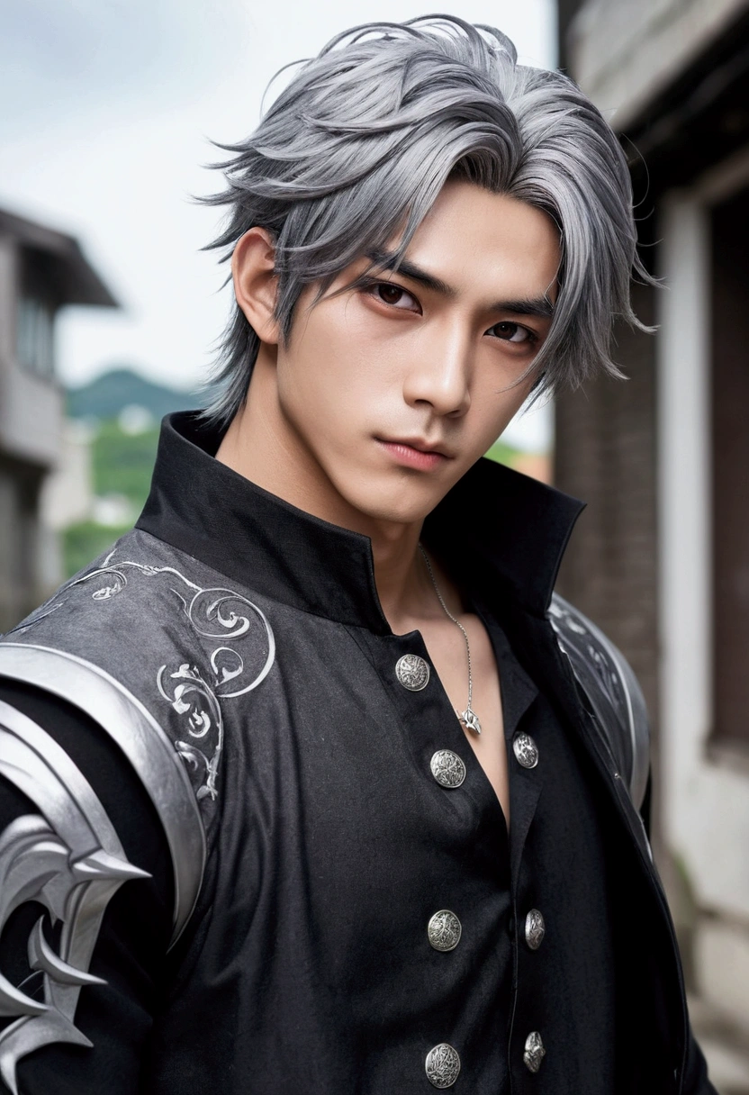 good looking、Gray Hair、White eyes、Black Lip、cool、One person、Kind Face、slim and muscular、AU style、youth manga style、RPG game style