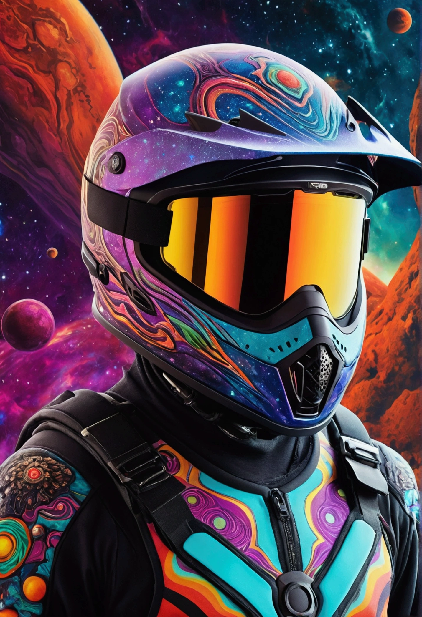 HD details, Close-up of a man in a enduro suit, wearing enduro motocross helmet planets in the background, psychedelic cosmic horror, psychedelic illustrations, cosmic space, plants growing, The world of psychosis, Background space graphic art, Cosmic illustration, cosmic space, cosmic lsd poster art, dmt space behind, Space scene, Surreal space, Cosmic style
