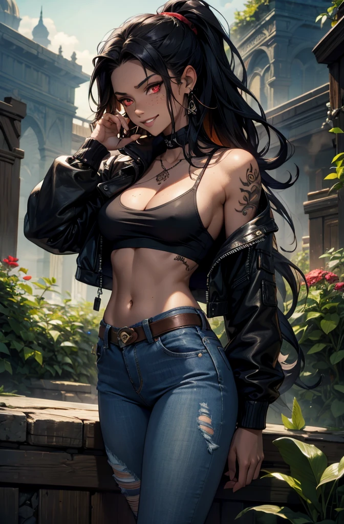 woman, alone, Dark Skin, freckles, Bright red eyes, Wavy Hair, Very long black hair, ponytail, Large Breasts, fit, Arm tattoo, Tattoos on the face, expensive, Torn Shirt, Tight jeans, Ripped jeans, Black Shirt, impact, Dark eyeliner, Small earrings, software:2, smile, Playful, garden, night, smoking, Cleavage, leather jacket