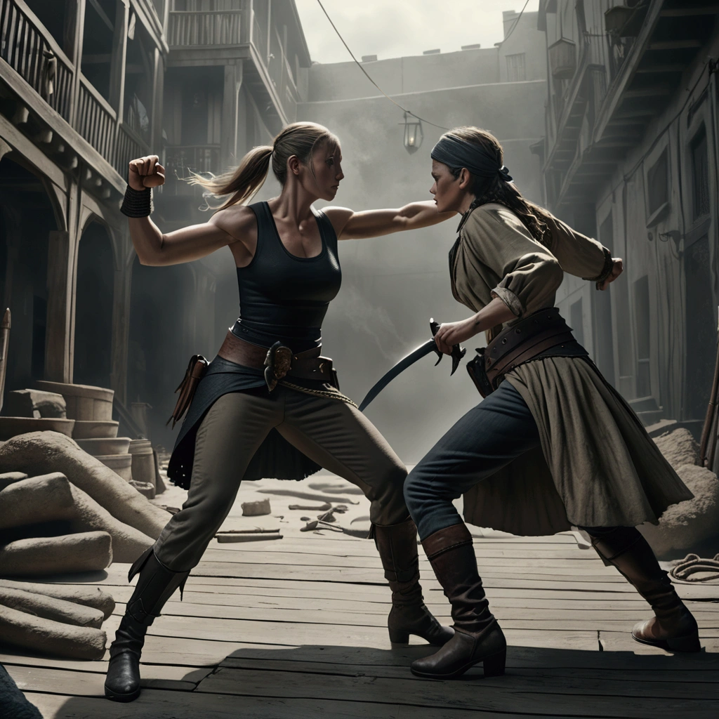 pirate crews in hand-to-hand combat, fully clothed highly detailed, muscular figures, dynamic poses, swords clashing, gritty realistic environment, moody lighting, muted color palette, cinematic composition, (best quality,4k,8k,highres,masterpiece:1.2),ultra-detailed,(realistic,photorealistic,photo-realistic:1.37),chiaroscuro lighting, dramatic shadows, rugged texture, heroic action, intense expression