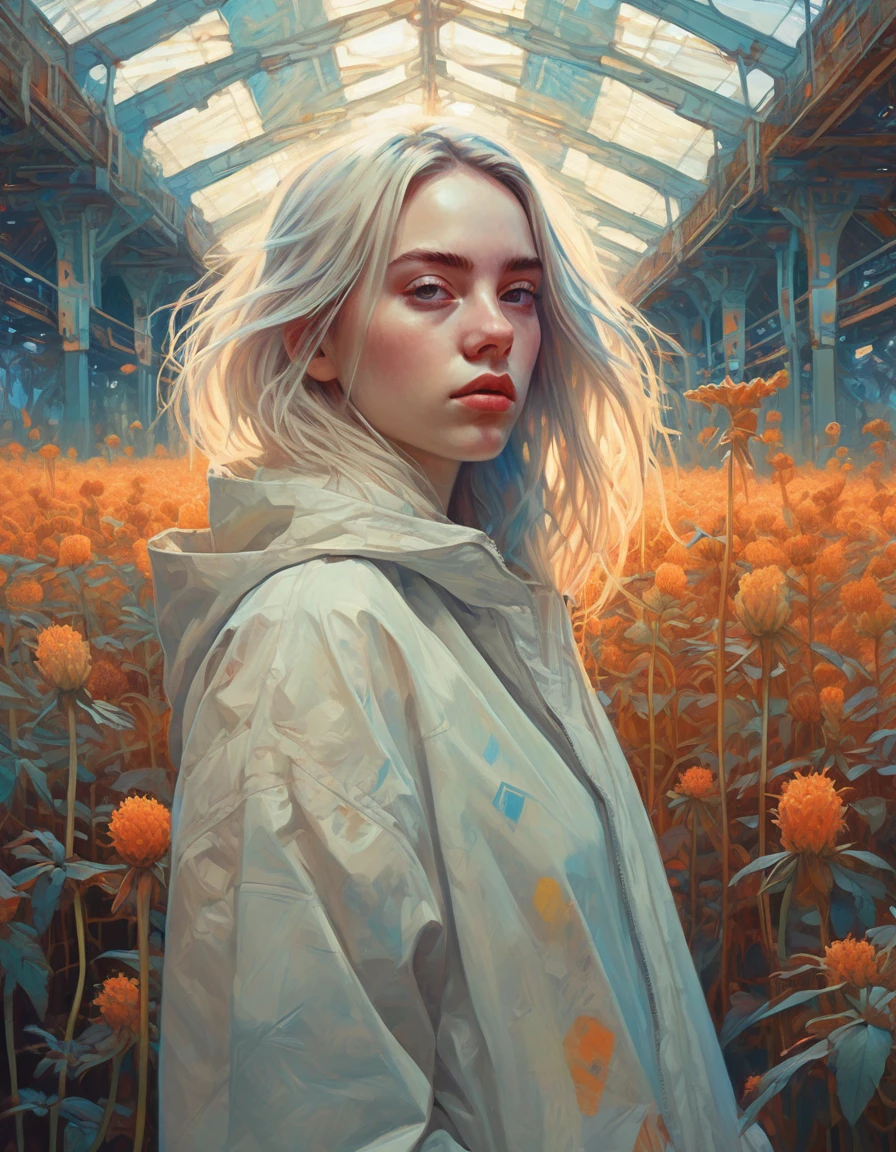 (Ohwx Woman) Very detailed, Digital paint, art station, standing, in front of the camera, Conceptual art, seeds, sharp focus, illustration, art by artgerm and alphonse mucha, high definition digital art, dramatic lighting, fractal networks in the background, al estilo de ilya kuvshinov y Ross tran