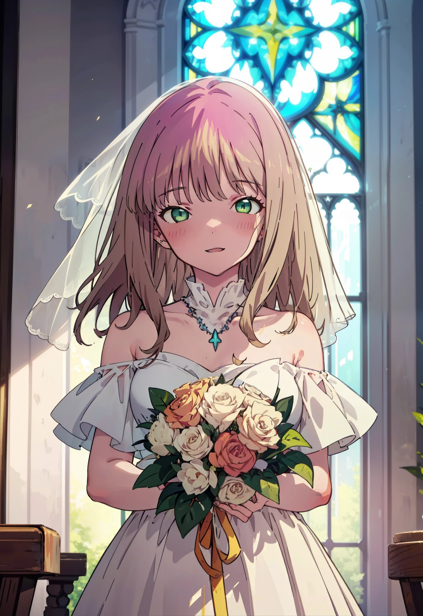 minami yume ,sss Dynazenon ,Long Hair, Brown Hair, (Green Eyes:1.5) ,blush,happy smile, smile, Open your mouth,off-the-shoulder wedding dresses,wedding long skirt,necklace,Veil,Holding a bouquet in both hands,Stand Glass,　　　　　　　　　　　　 
 break looking at viewer, whole body,(Cowboy Shot:1. 5) 　　　　　　　　　　　　　　　　　　　break indoors, Chapel,church, 　　　　　　　　　　　break (masterpiece:1.2), Highest quality, High resolution, unity 8k wallpaper, (shape:0.8), (Beautiful attention to detail:1.6), Highly detailed face, Perfect lighting, Extremely detailed CG, (Perfect hands, Perfect ???????),
