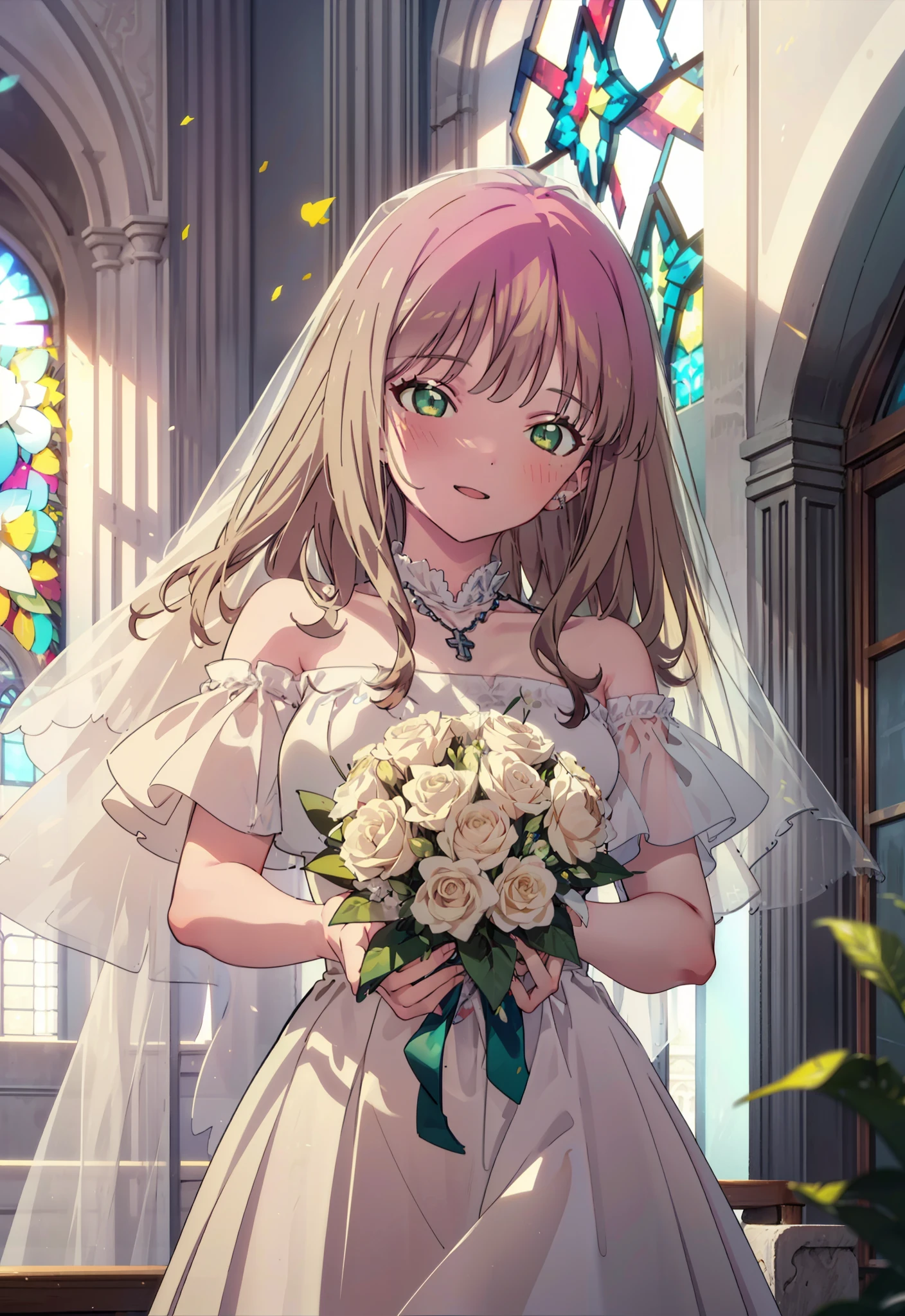 minami yume ,sss Dynazenon ,Long Hair, Brown Hair, (Green Eyes:1.5) ,blush,happy smile, smile, Open your mouth,off-the-shoulder wedding dresses,wedding long skirt,necklace,Veil,Holding a bouquet in both hands,Stand Glass,　　　　　　　　　　　　 
 break looking at viewer, whole body,(Cowboy Shot:1. 5) 　　　　　　　　　　　　　　　　　　　break indoors, Chapel,church, 　　　　　　　　　　　break (masterpiece:1.2), Highest quality, High resolution, unity 8k wallpaper, (shape:0.8), (Beautiful attention to detail:1.6), Highly detailed face, Perfect lighting, Extremely detailed CG, (Perfect hands, Perfect Anatomy),