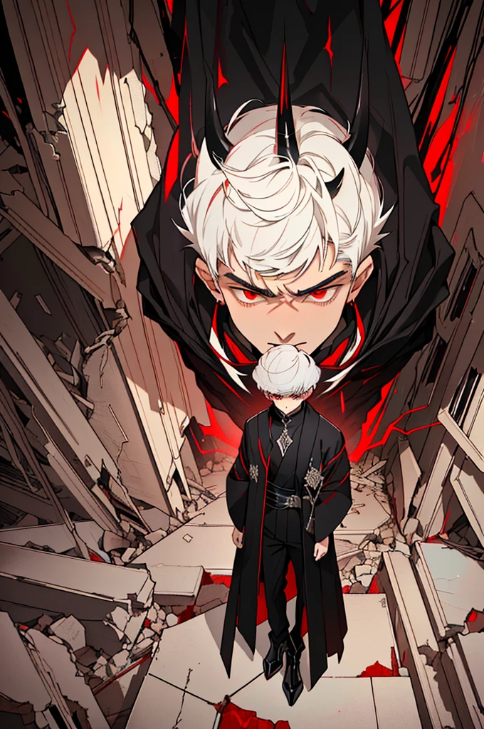 2d,{A male},Boys,Shigeo,Cold expression,{{{Frontal view}}}},In a dark room full of rubble, The character has long light white hair,Large spiral horns,Taurus,Dark red and black robe,Huge decoration on the chest,Red pupils,Sense of atmosphere,Black pants,Trousers