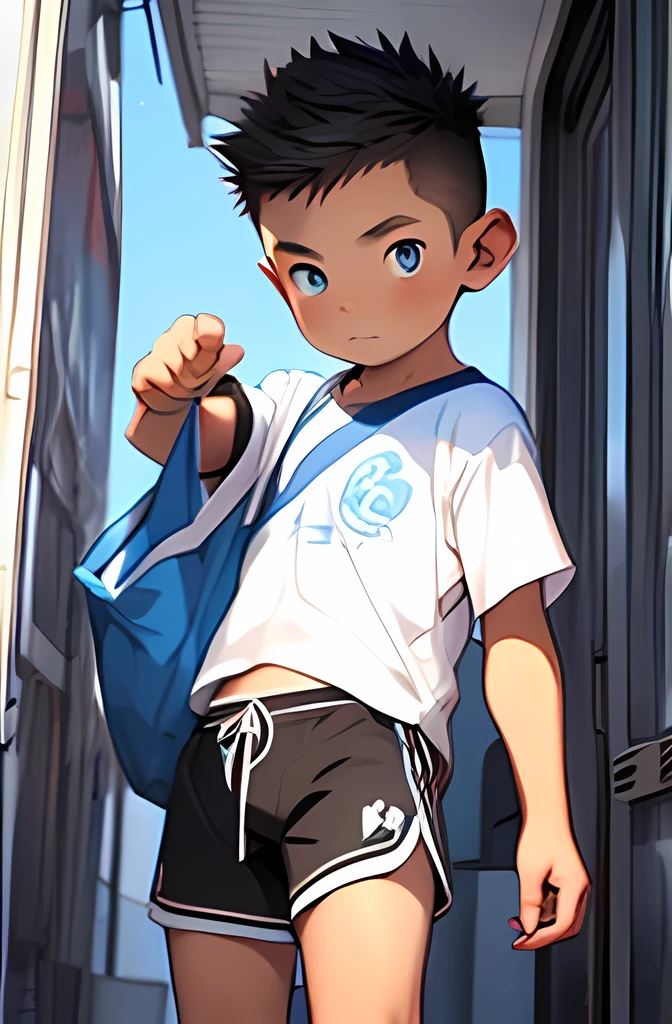 (Shota:1.5),(((Highest quality))),(((masterpiece))),(((Very detailed))),(((High resolution))),T-Shirts,Short shorts,White socks,Blue sneakers,12 years old,Japanese,Spiked Hair,Black Hair,blue eyes,Baby Face,Beautiful face,whole body,Manga style,Anime Style