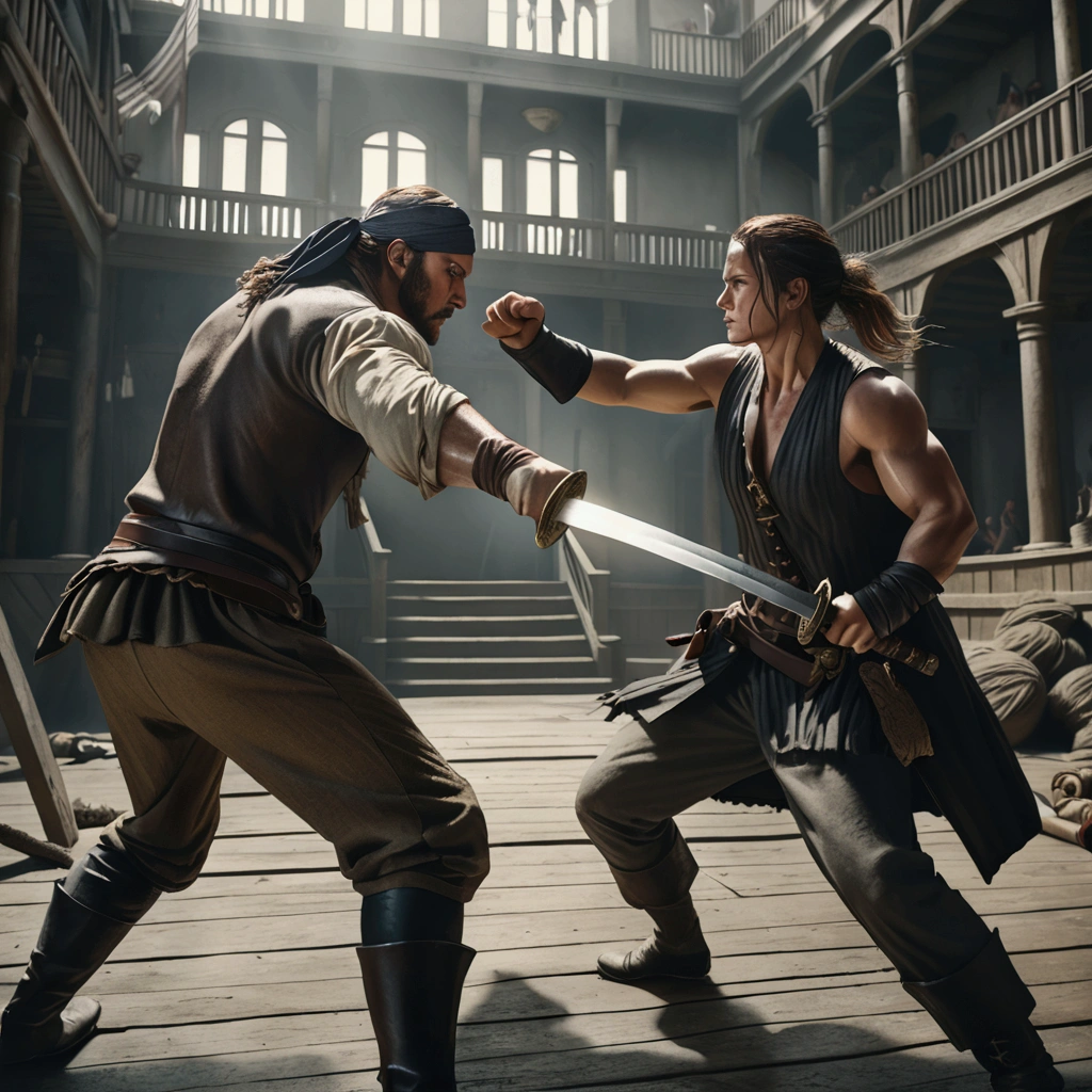 pirate crews in hand-to-hand combat, fully clothed highly detailed, muscular figures, dynamic poses, swords clashing, gritty realistic environment, moody lighting, muted color palette, cinematic composition, (best quality,4k,8k,highres,masterpiece:1.2),ultra-detailed,(realistic,photorealistic,photo-realistic:1.37),chiaroscuro lighting, dramatic shadows, rugged texture, heroic action, intense expression