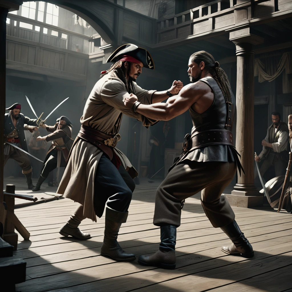 pirate crews in hand-to-hand combat, fully clothed highly detailed, muscular figures, dynamic poses, swords clashing, gritty realistic environment, moody lighting, muted color palette, cinematic composition, (best quality,4k,8k,highres,masterpiece:1.2),ultra-detailed,(realistic,photorealistic,photo-realistic:1.37),chiaroscuro lighting, dramatic shadows, rugged texture, heroic action, intense expression