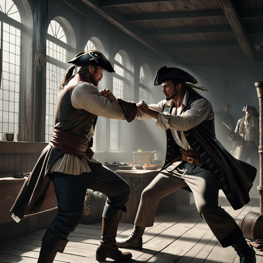 pirate crews in hand-to-hand combat, fully clothed highly detailed, muscular figures, dynamic poses, swords clashing, gritty realistic environment, moody lighting, muted color palette, cinematic composition, (best quality,4k,8k,highres,masterpiece:1.2),ultra-detailed,(realistic,photorealistic,photo-realistic:1.37),chiaroscuro lighting, dramatic shadows, rugged texture, heroic action, intense expression