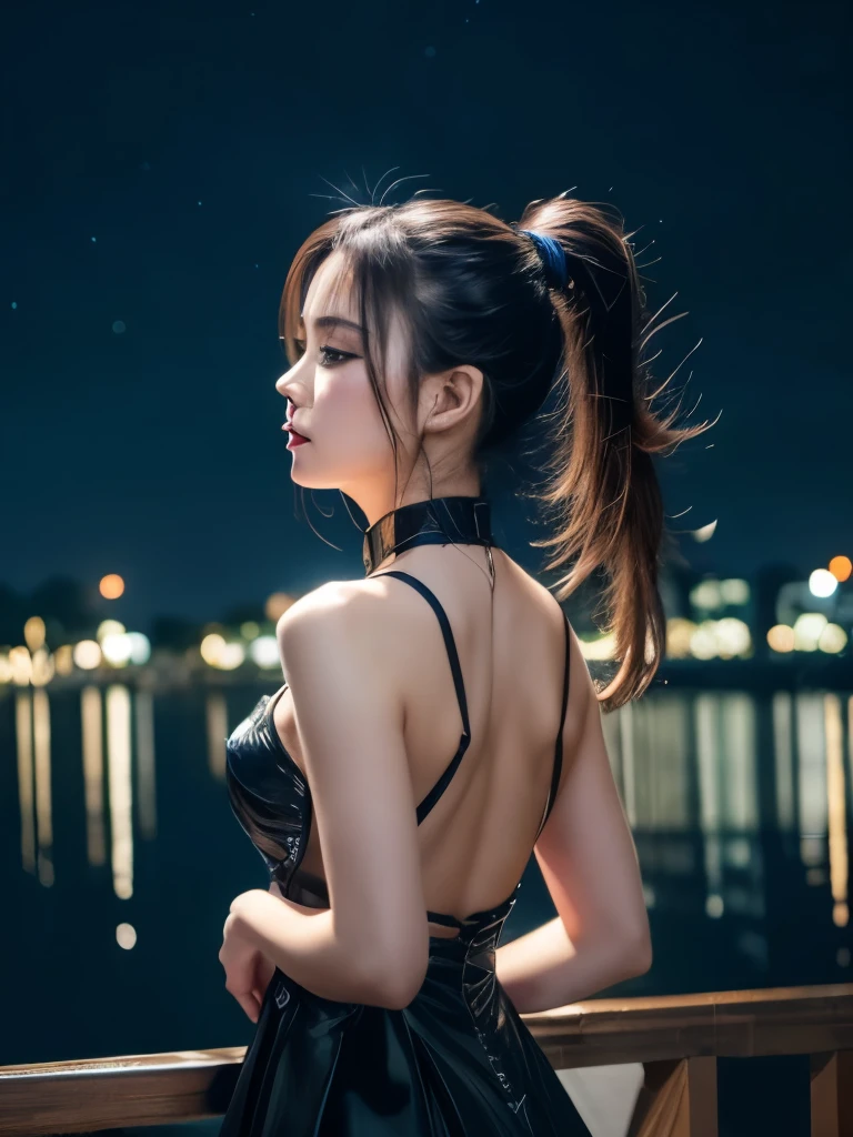 Break Bloodfallen, Break costume, ponytail, Outdoor, (night, Starry Sky:1.2), masterpiece, Ultra-high resolution, Put your arms behind your back, Highest quality, One girl, whole body, Mouth closed, lake, reflection, Outdoor, Official 8K Raw Photo:1.5