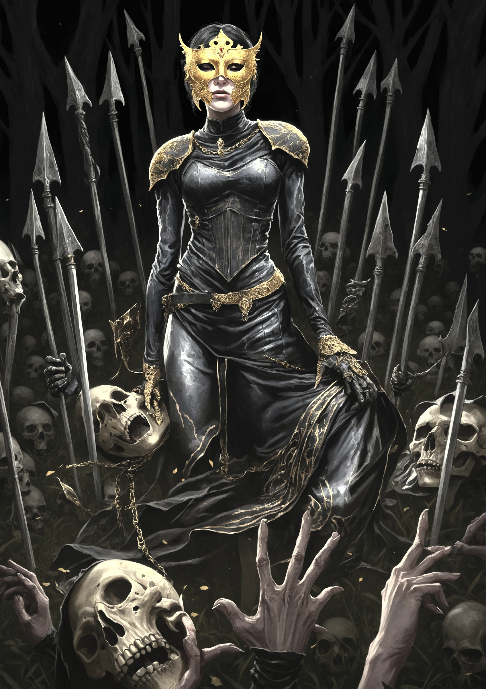 Nesta Archeron wearing a gold carnival mask over her eyes stands in a field of skulls, no style da art of dark souls, a dark fantasy illustration, epic color illustration, dark fantasy style art, dark fantasy horror art, warrior vampire woman, Detailed 2D digital fantasy art, undead soldiers in the background, undead knight, dark souls, perfect hands, Hands with gloves, asymmetrical hands, realistic hands