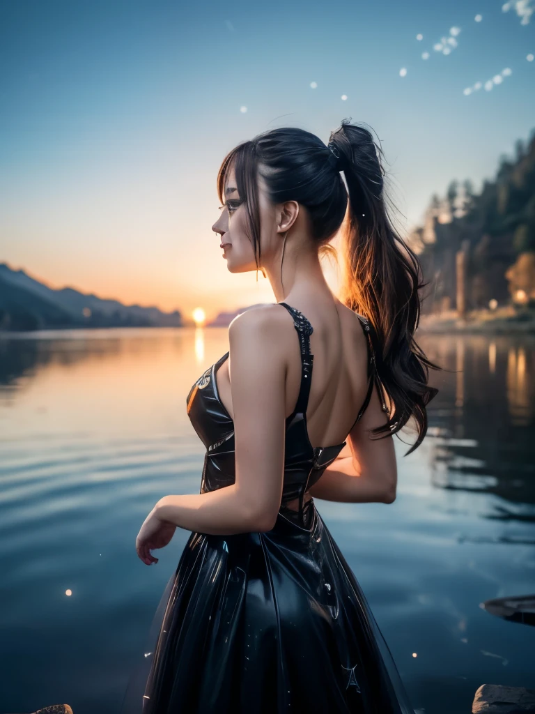 Break Bloodfallen, Break costume, ponytail, Outdoor, (night, Starry Sky:1.2), masterpiece, Ultra-high resolution, Put your arms behind your back, Highest quality, One girl, whole body, Mouth closed, lake, reflection, Outdoor, Official 8K Raw Photo:1.5