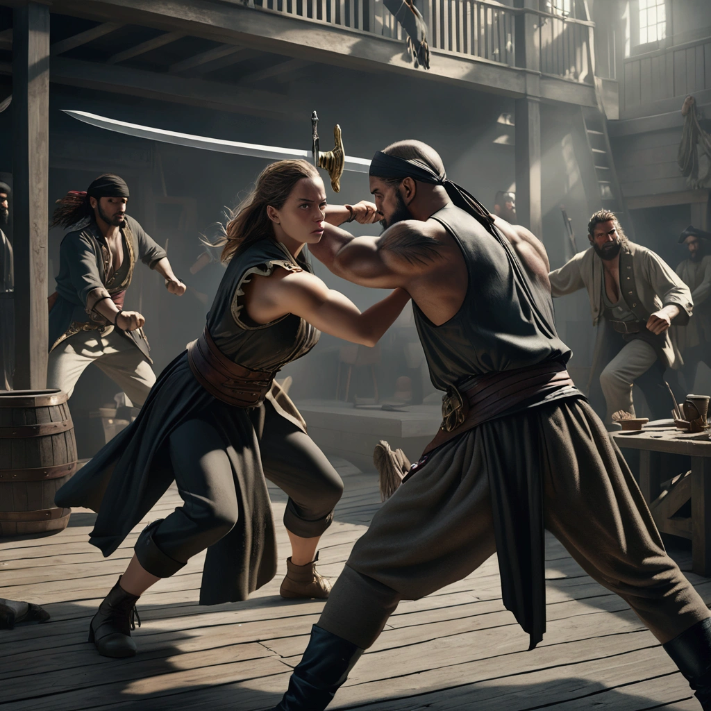 pirate crews in hand-to-hand combat, fully clothed highly detailed, muscular figures, dynamic poses, swords clashing, gritty realistic environment, moody lighting, muted color palette, cinematic composition, (best quality,4k,8k,highres,masterpiece:1.2),ultra-detailed,(realistic,photorealistic,photo-realistic:1.37),chiaroscuro lighting, dramatic shadows, rugged texture, heroic action, intense expression