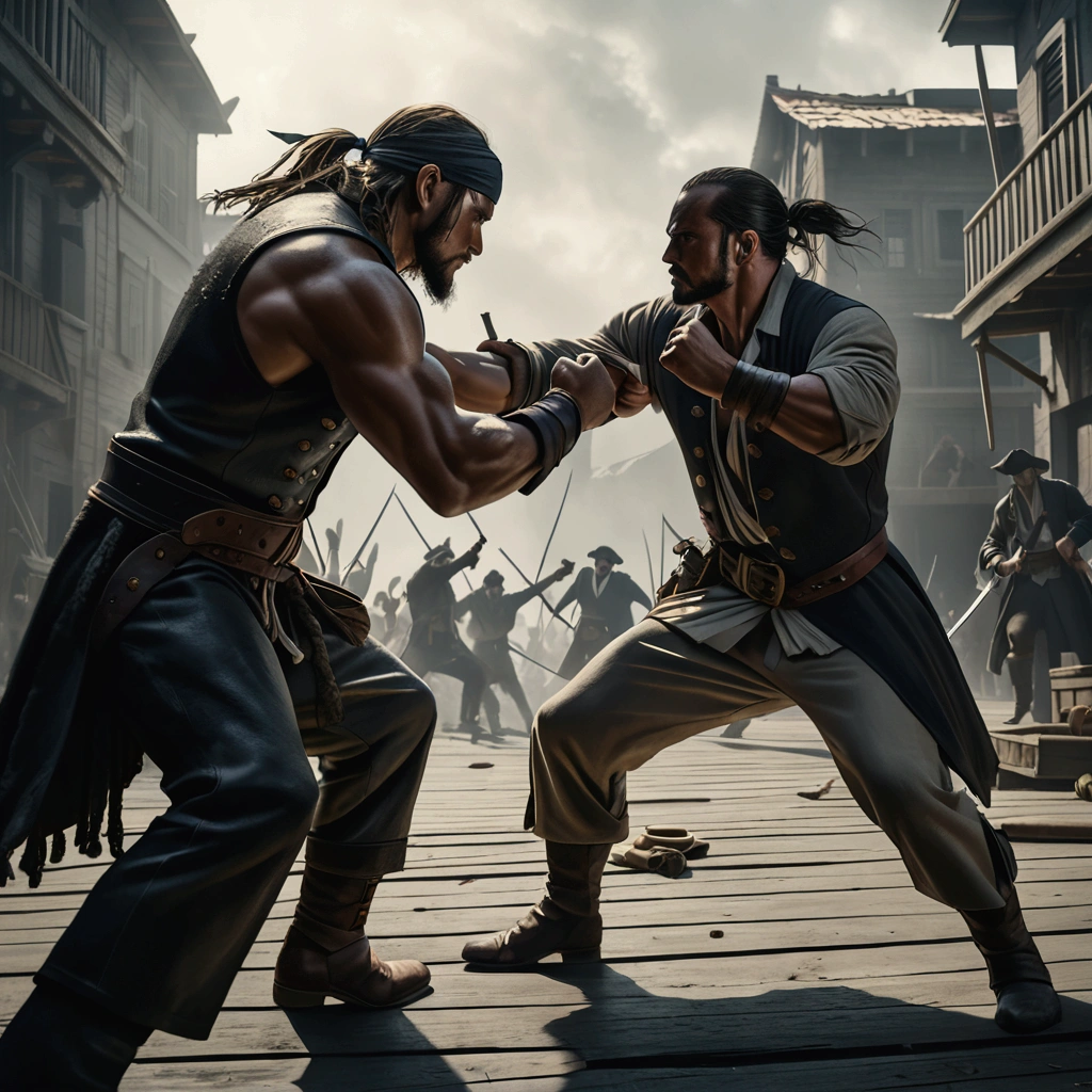 pirate crews in hand-to-hand combat, fully clothed highly detailed, muscular figures, dynamic poses, swords clashing, gritty realistic environment, moody lighting, muted color palette, cinematic composition, (best quality,4k,8k,highres,masterpiece:1.2),ultra-detailed,(realistic,photorealistic,photo-realistic:1.37),chiaroscuro lighting, dramatic shadows, rugged texture, heroic action, intense expression