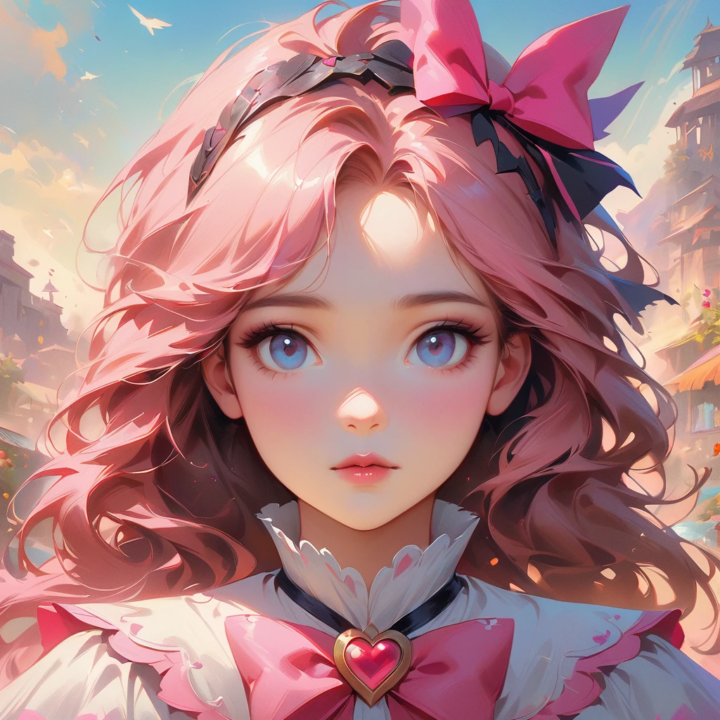 anime girl with pink hair and a bow in her hair, kawaii realistic portrait, guweiz, portrait of magical girl, cute character, cute art style, anime moe artstyle, character art of maple story, cute portrait, cute anime girl portrait, portrait of a small character, artwork in the style of guweiz, splash art anime loli