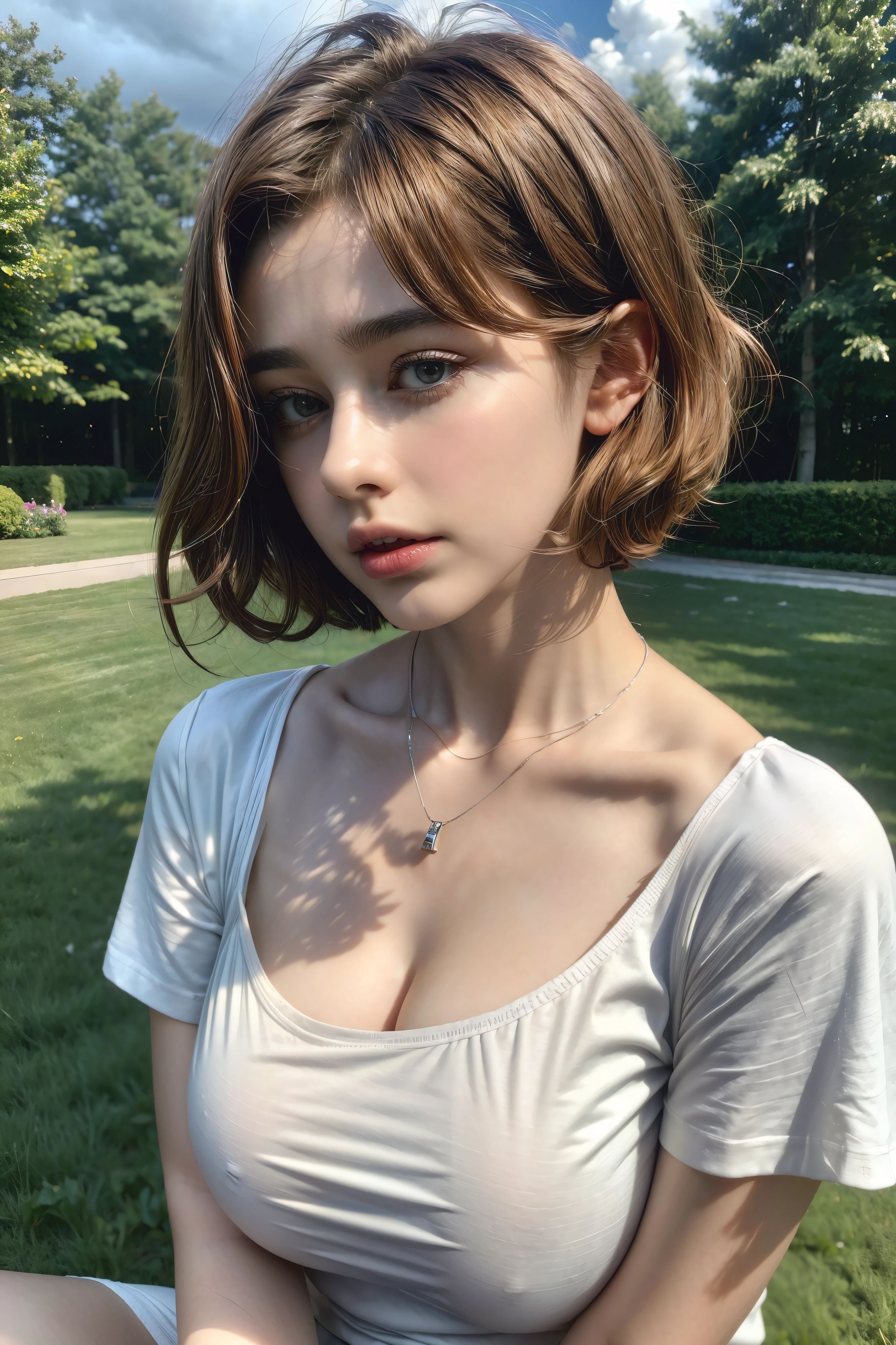 (Masterpiece, best quality, photorealistic : 1.2), close-up shot, sharp focus, 1 gorgeous young short-haired pretty girl, bowl bob haircut, slim body shape, cleavage, lip gloss, delicate beautiful face, worry face expression, (wearing (( white t-shirt)), pendant), outdoor, storm cloud