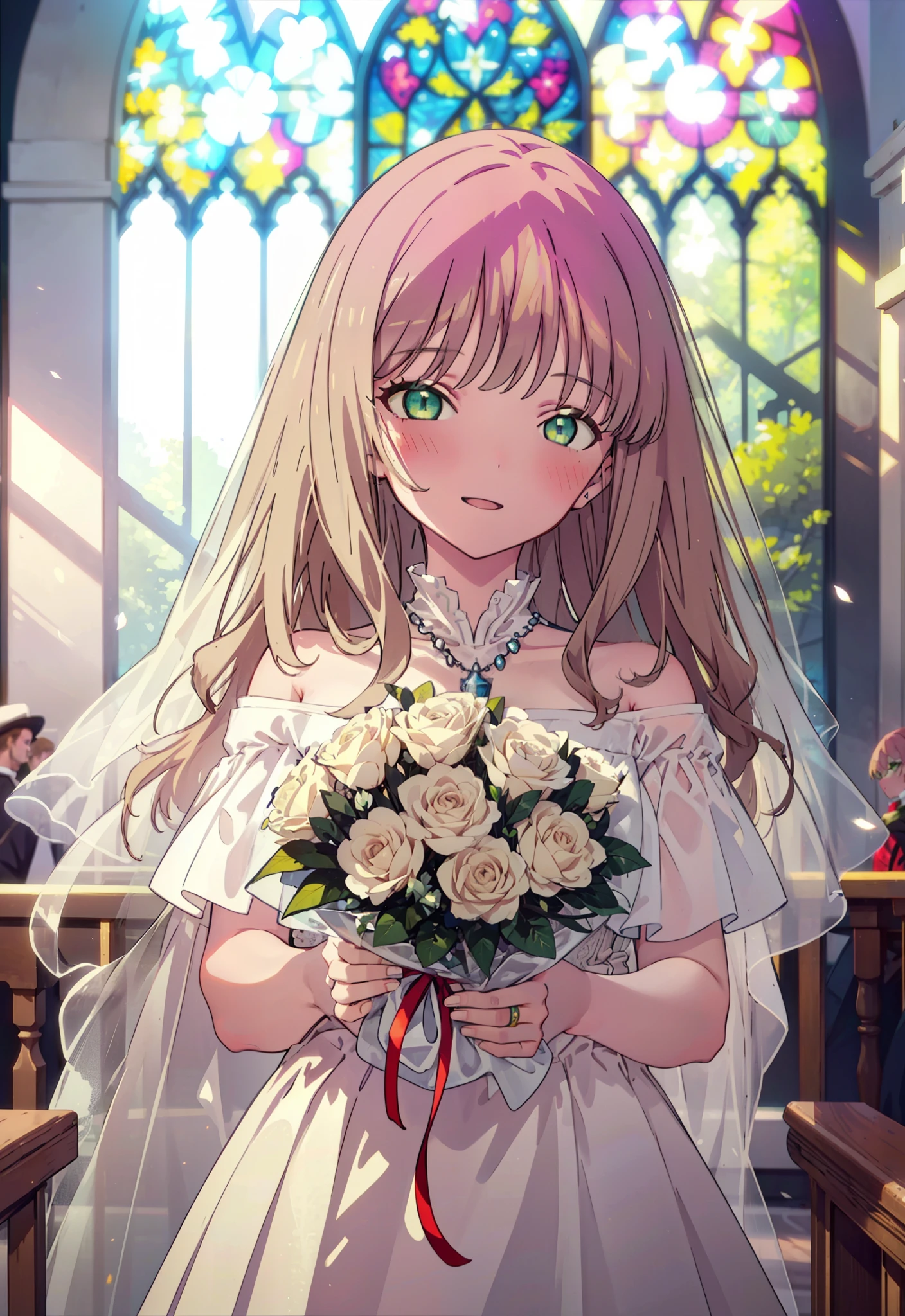 minami yume ,sss Dynazenon ,Long Hair, Brown Hair, (Green Eyes:1.5) ,blush,happy smile, smile, Open your mouth,off-the-shoulder wedding dresses,wedding long skirt,necklace,Veil,Holding a bouquet in both hands,Stand Glass,
break looking at viewer, whole body,(Cowboy Shot:1. 5) break indoors, Chapel,church, break (masterpiece:1.2), Highest quality, High resolution, unity 8k wallpaper, (shape:0.8), (Beautiful attention to detail:1.6), Highly detailed face, Perfect lighting, Extremely detailed CG, (Perfect hands, Perfect Anatomy),