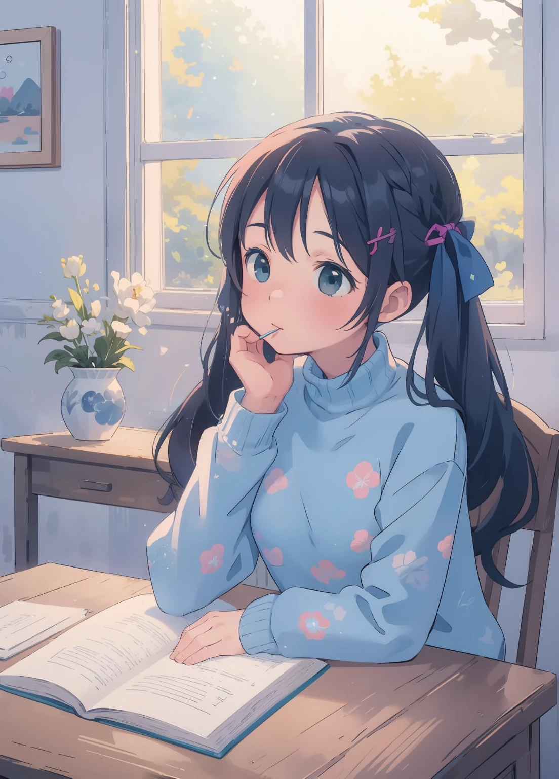 (masterpiece、Highest quality、Highest quality、Official Art、Beautiful and beautiful:1.2)、(One girl:1.3)Hatsune Miku、Twin tails,Beautiful breasts, Katsushika Hokusai,masterpiece, Highest quality,Queen, One girl, alone, Long Hair, window, Sitting, indoor, table, Sleeves are longer than the wrist, Cafe, Hair Ribbon, Headrest, Mouth closed, Blue sweater, Upper Body