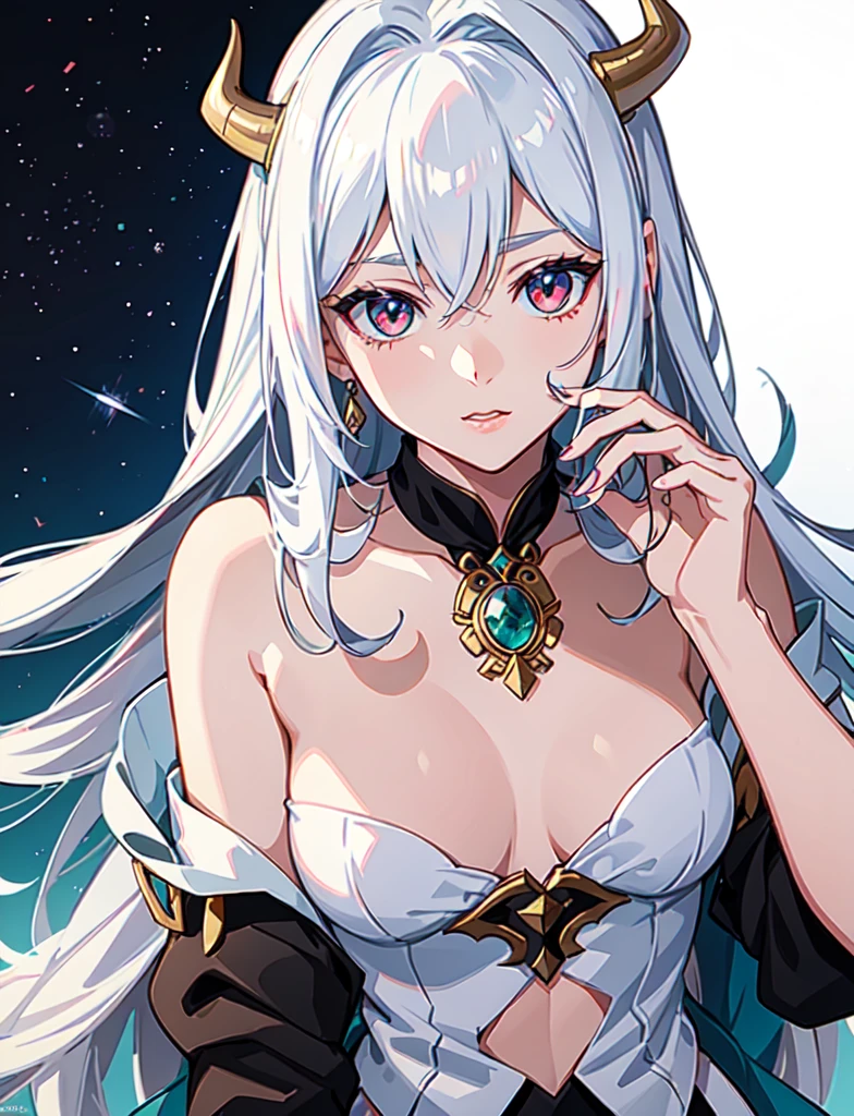 Close-up of สาว with long hair and white face, beautiful Virgo good and evil, demon anime girl, Guvis, beautiful gemini twins, artwork in the style of Guvis, about beauty!!!!!! Devil Girl, Virgo, Capmoe Yandere Grimdark, Billie Eilish plays the role of Loki, woman., semi-realistic anime, female humanoid creature