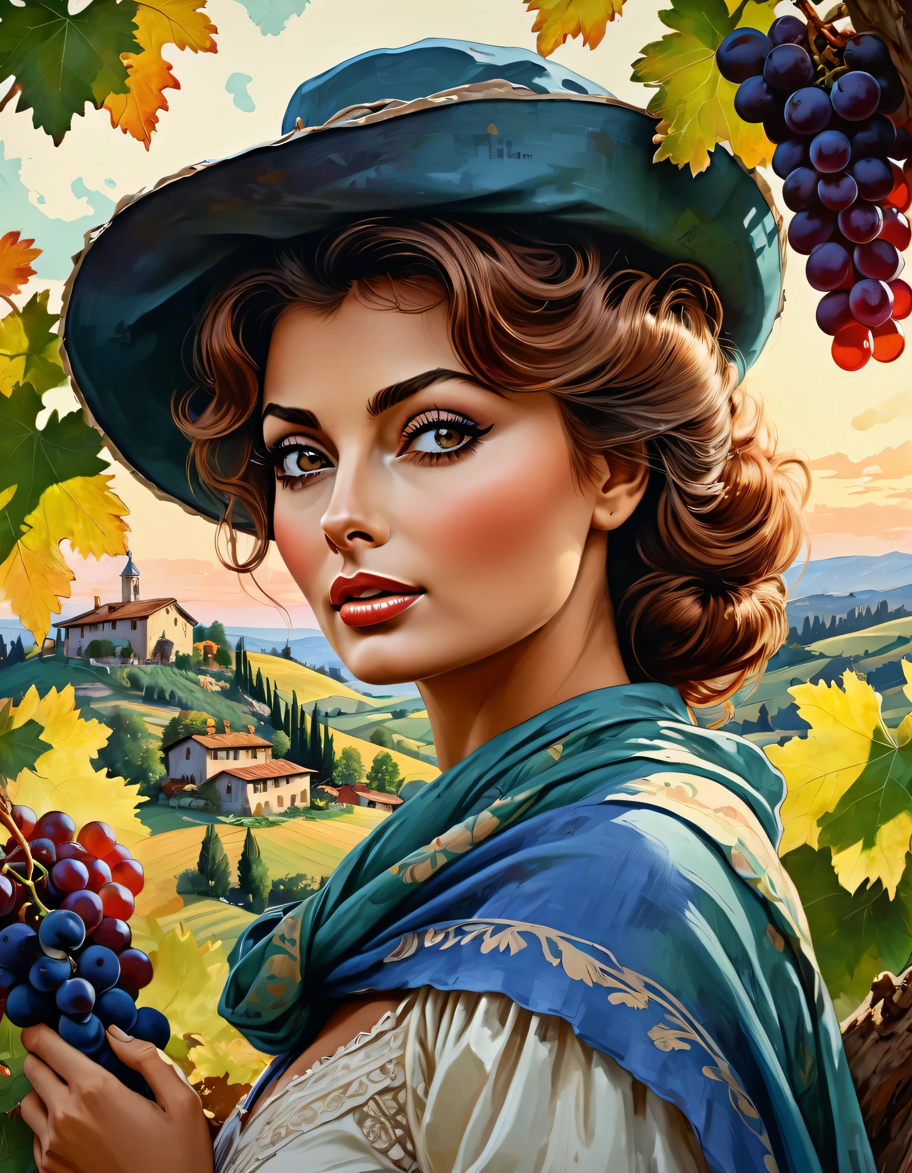 Italian colorfulness, cinematic romance, tempera, impasto, legal illustration, poster, landscape, ink-painted edges, summer close-up, airy happy gentle girl [Sophia Loren:Maude Adams:0.25], vintage Verona, windy cinematic portrait on cracked paper, detailed textures, dynamic pose, trees and grapes, dynamic pose, rustic farmhouse, rustic beret, scarf, rural pastoral, sunset, Kuindzhi Rockwell Disney ., Royo, Vallejo Kraola, Carl Rungius | Ivan Rabuzin | Ed Emshwiller] cinematic, 32 kb, , , high detail, complex poses, high quality, concentration, perfect composition