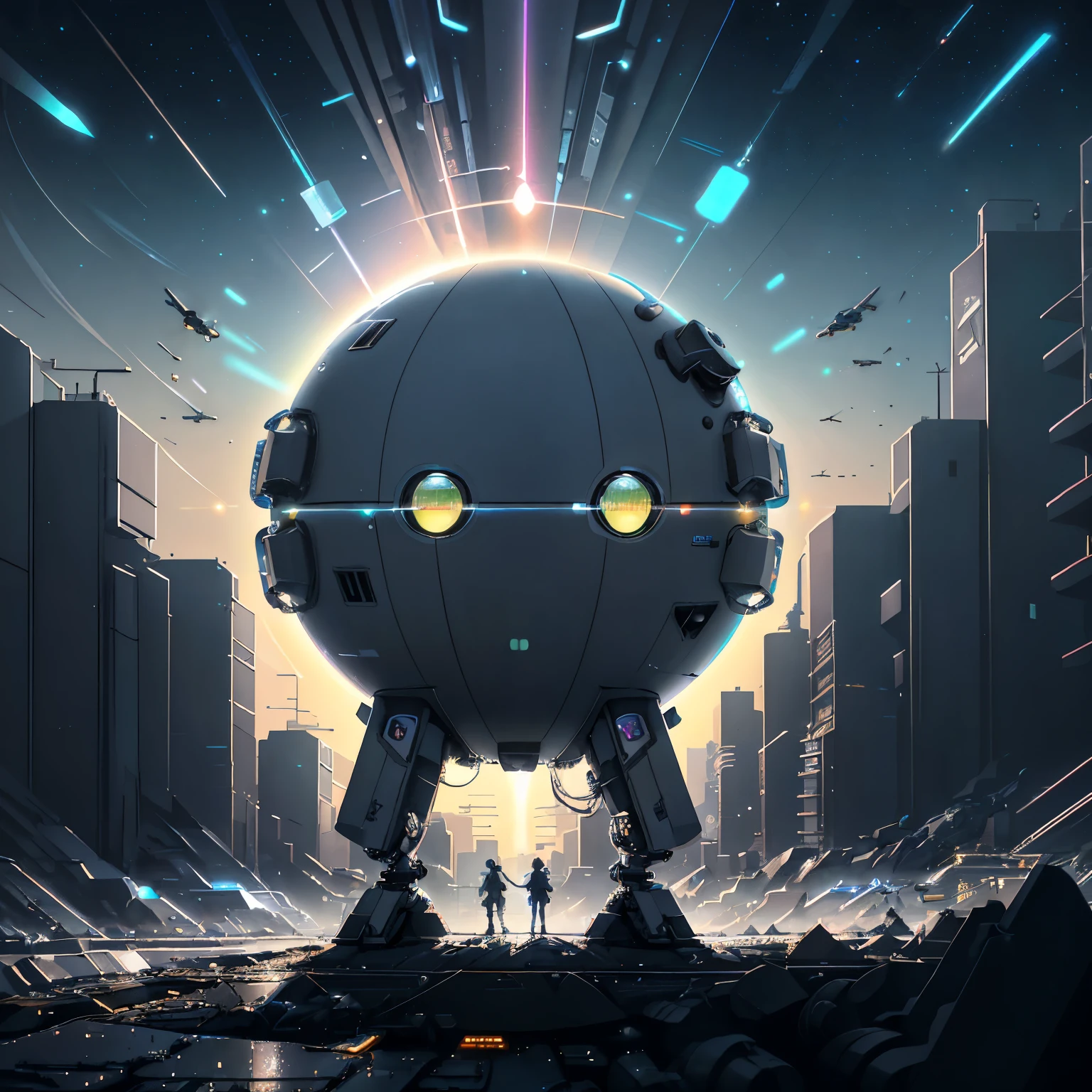 (Technological Planet, 8k), A towering metropolis, Sleek silver and neon buildings, Ultra-fine description, Holographic advertisements adorning the sky, Neon lights casting a vibrant glow, Futuristic vehicles zipping through the air, Grid-like streets stretching out endlessly, Layered detail, Alien architecture blending seamlessly with modern technology, Clean and minimalistic design, (Drone camera viewpoint), Detailed textures and reflections, High resolution, Crystal clear atmosphere, Chromatic aberration, Ray tracing, High quality, Award-winning, Best viewed on a high-definition monitor

(Technological