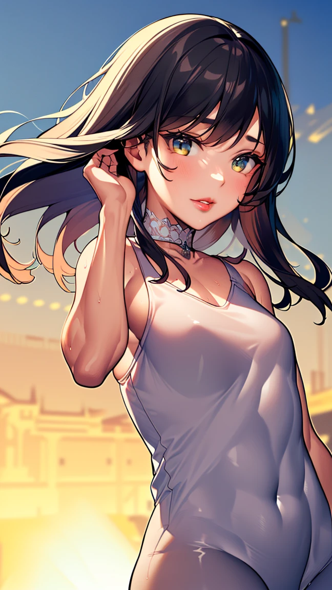 (1 girl),(Taiman's style:1.0),Female ninja with a sword,Wearing a white bodysuit,front,One girl,(Big eyes:1.2),(Beautiful Eyes:1.2),(Beautiful Face:1.3),(Detailed face:1.3),(smile),(Muscular:1.1),(Sensual:1.3),(Thick thighs:1.2),(Sweaty body),(Black background:1.5),(Blur the background:1.2),(masterpiece,Highest quality,Ultra-high resolution,Very detailed,8k),wallpaper