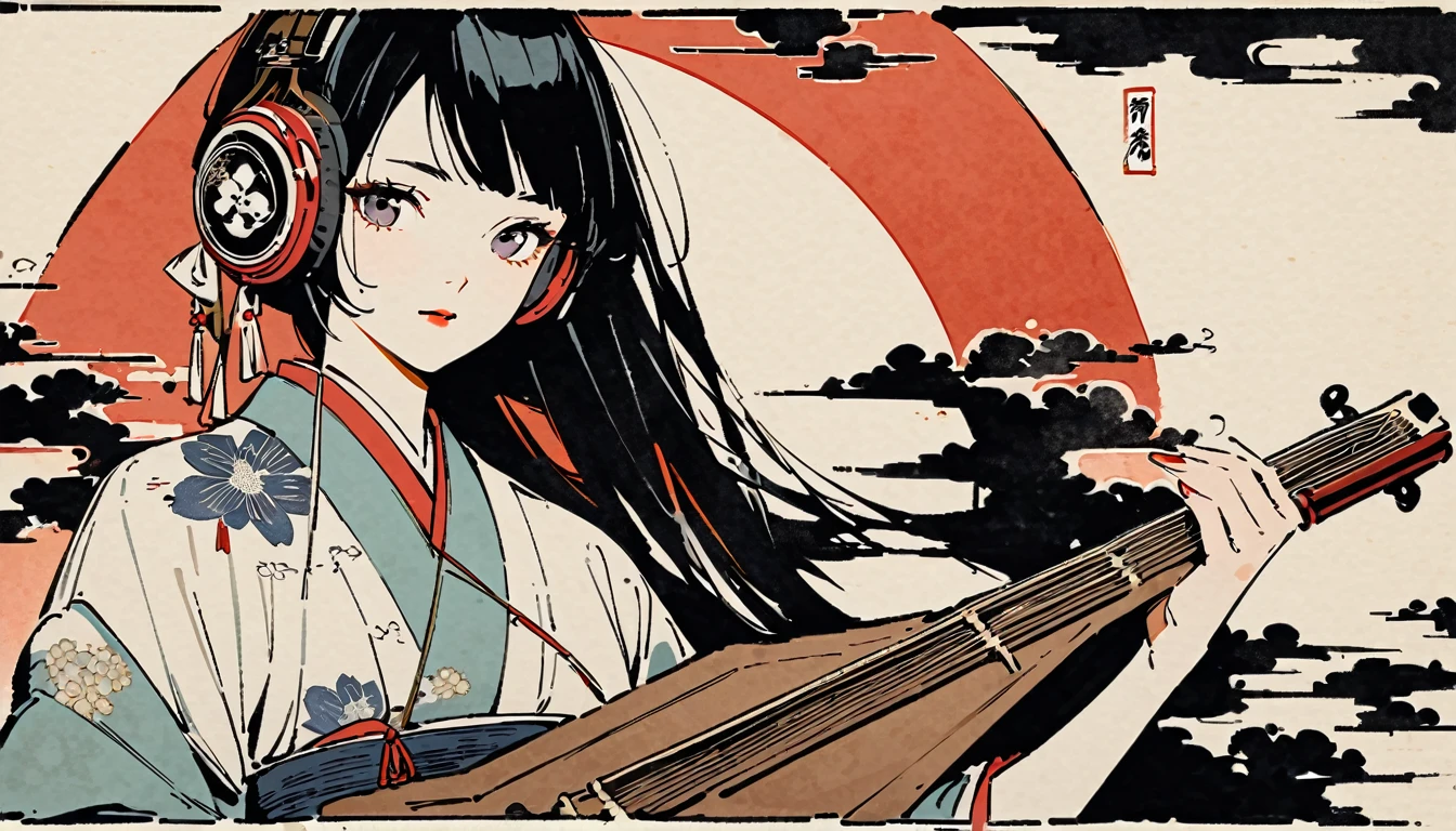 Ink Painting, (((1 girl))), (((Japanese String Instruments))), sunglasses, Japanese style headphones, beautiful girl, Black Hair, Delicate and precise, Modern ukiyo-e style, dark