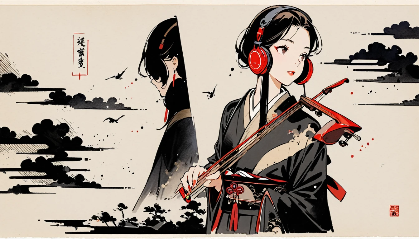 Ink Painting, (((1 girl))), (((Japanese String Instruments))), sunglasses, Japanese style headphones, beautiful girl, Black Hair, Delicate and precise, Modern ukiyo-e style, dark
