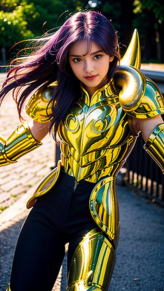 Ultra high saturation（masterpiece）， Full body image，（Best quality）， （1 Girl），Purple Hair,  Wearing shining golden armor， Breastplate，Scapula，（Scapula有各有个金身牛角往前弯曲），Expose the waistline，Showing belly，Show your thighs， Saint Seiya Armor， Messy hair，High Detail, True writing, Delicate facial features， Ultra HD, Textured Skin, Super Detail, Anatomically correct, high resolution，Ultra high saturation，High contrast，High-gloss armor，Smooth skin，An insidious sneer，modern style，（Background walking on a path in a park），Blur the background，Best quality， high quality，seductive smile