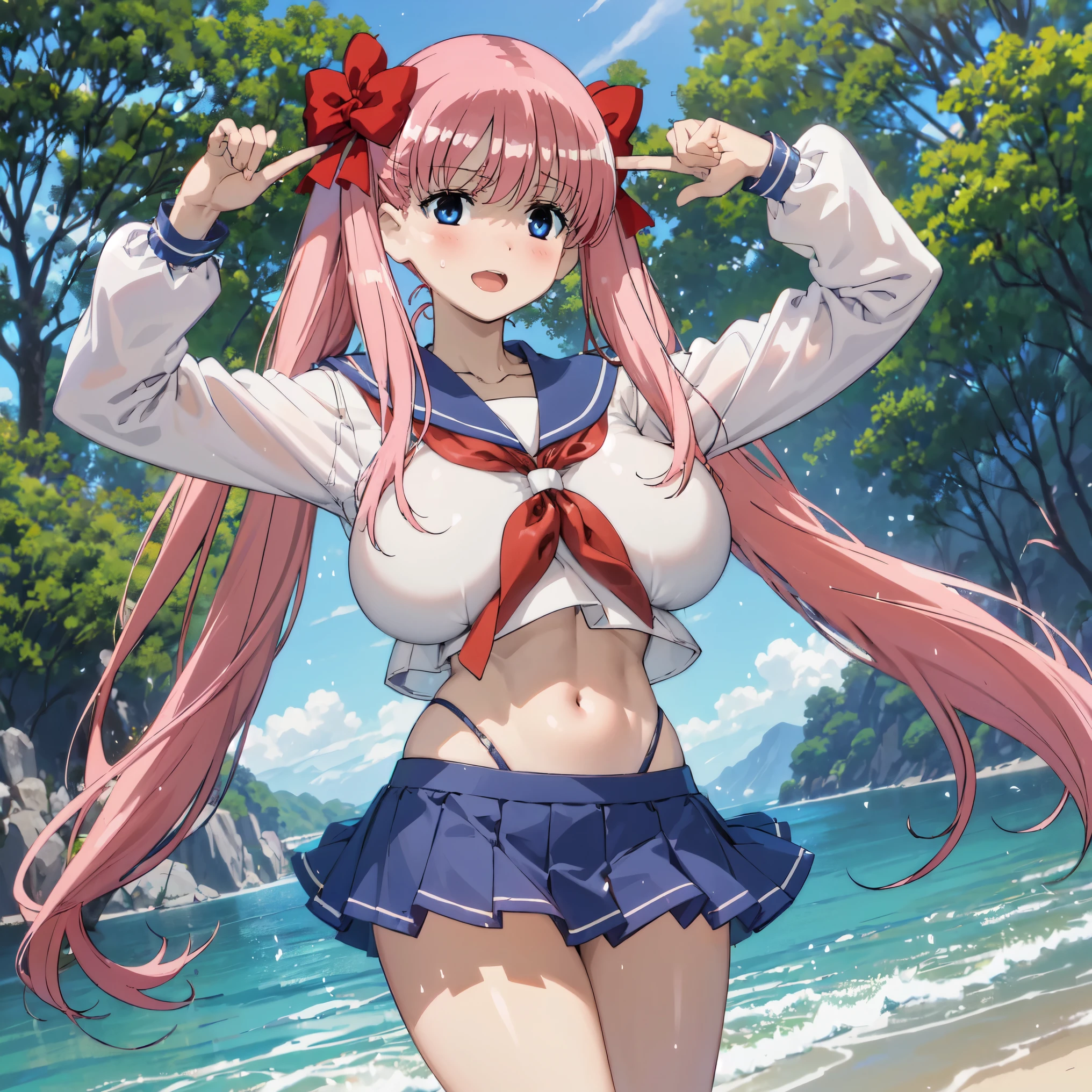 1girl, natsu,pink hair, halo, ahoge,side ponytail, long hair,ahoge,hair ornament,
long hair,long sleeves,sailor collar,school uniform,serafuku,skirt,thighhighs,black thighhighs,red neckerchief,from above,very huge breast,looking at her breast surprisingly,surprising,showing off her breast