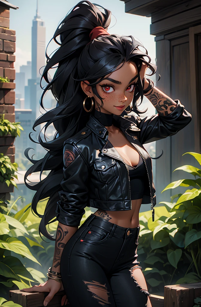 woman, alone, Dark Skin, freckles, Bright red eyes, Wavy Hair, Very long black hair, ponytail, Large , fit, Arm tattoo, Tattoos on the face, expensive, Torn Shirt, Tight jeans, Ripped jeans, Black Shirt, impact, Dark eyeliner, Small earrings, software:2, smile, Playful, garden, night, smoking, Cleavager jacket