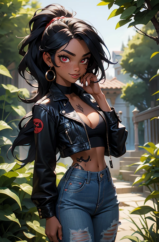 woman, alone, Dark Skin, freckles, Bright red eyes, Wavy Hair, Very long black hair, ponytail, Large Breasts, fit, Arm tattoo, Tattoos on the face, expensive, Torn Shirt, Tight jeans, Ripped jeans, Black Shirt, impact, Dark eyeliner, Small earrings, software:2, smile, Playful, garden, night, smoking, Cleavage, leather jacket