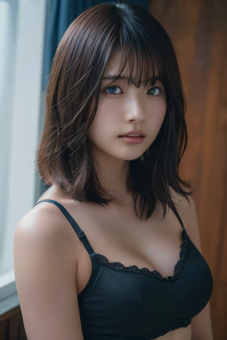 (Highest quality:1.4),(masterpiece:1.4),(Realistic:1.4),(Realistic:1.2),(超High resolution, RAW Photos:1.4),(High resolution, Very detailed:1.2),(8k:1.2),photograph,a photo of a dark-haired,Her hairstyle is a short bob with bangs..,One Girl,alone,(In underwear),((Upper Body:1.3))