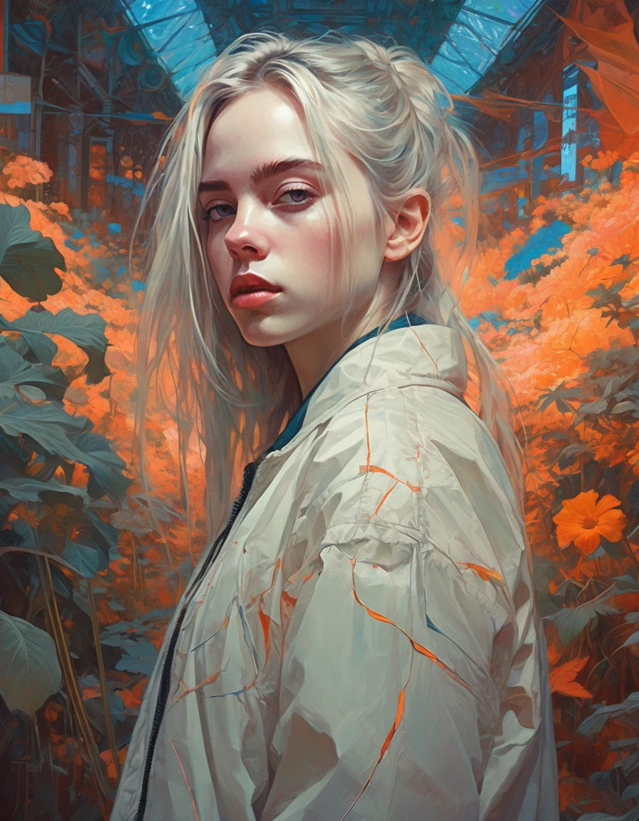 (Ohwx Woman) Very detailed, Digital paint, art station, standing, in front of the camera, Conceptual art, seeds, sharp focus, illustration, art by artgerm and alphonse mucha, high definition digital art, dramatic lighting, fractal networks in the background, al estilo de ilya kuvshinov y Ross tran