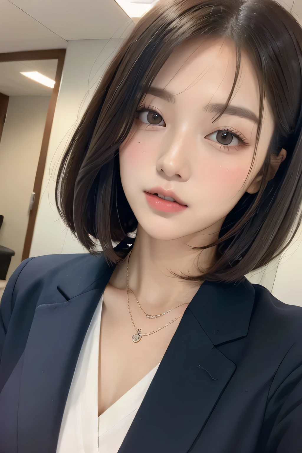 (Highest quality:1.3)、(masterpiece:1.4)、RAW Photos、8k、(最High resolution)、(Highest quality)、High resolution、(from the front)、Beautiful face in every detail、Realistic human skin、(Long Bob Hair:1.3)、(Straight hair)、(low hair volume:1.3)、Shirahime cut hairstyle、(Young and pretty Asian face), (Beautiful Asian Girl),((Ulzzang))、(Her eyes are big)、Attractive woman、(Attractive lips)、The corners of the mouth turn up、(With bangs))、Beautiful Hair、(blush:1.17)、(office lady)、(Navy blue suit)、Blushing、((office))、i want to kiss you、(I want you to kiss me)、The Temptation of Kissing、Night office、[smile]