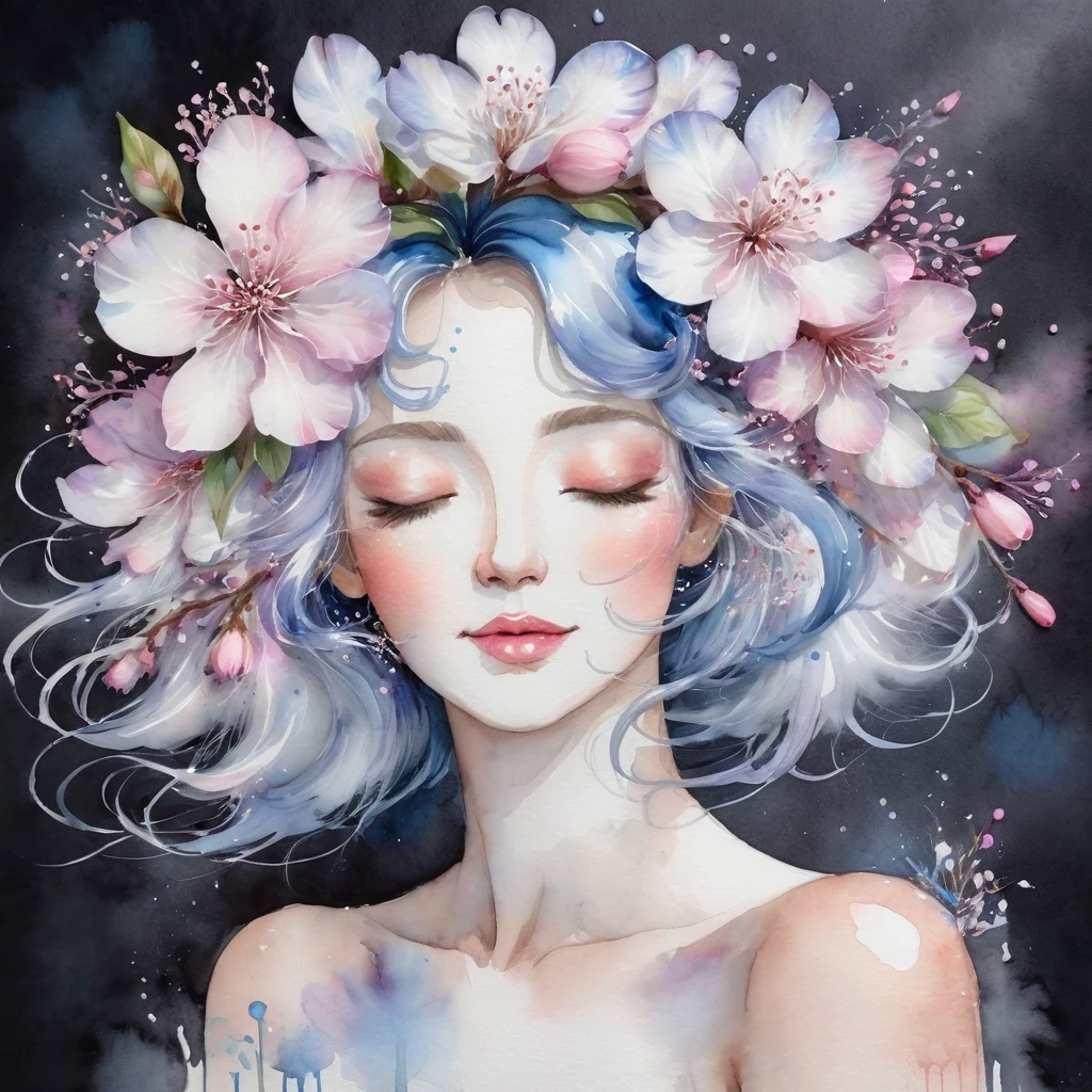 Painting of a woman with blossom flower, White pink lilac blue in her hair, watercolor detailed art, watercolor style, Artestyle Watercolor, beautiful artwork, Watercolor drawing, watercolor painting style, water painting art, expressive face, closed eyes, Black background.