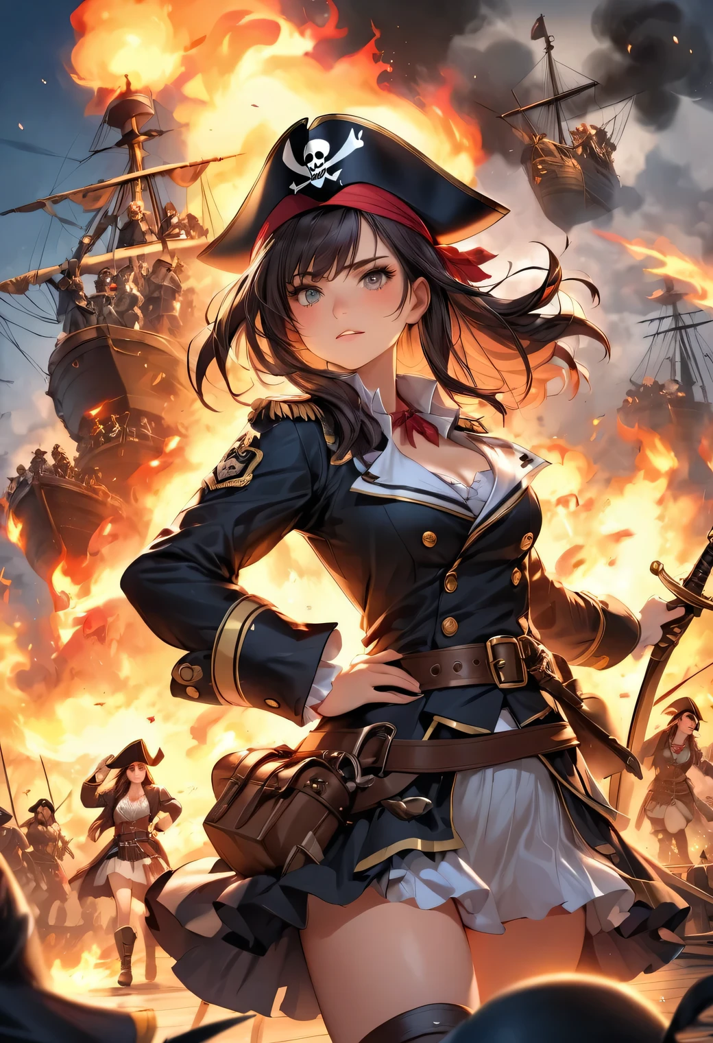 Pirates, a beautiful cute girl captain and her friends, a battle with enemy pirates, war, a deck, Rising flames and smoke, a fierce war, a fierce war scene