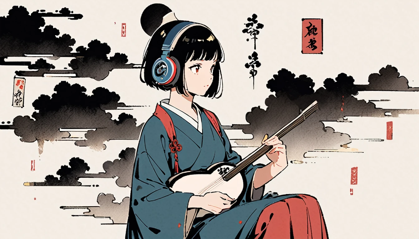 Ink Painting, (((1 girl))), (((Shamisen))), sunglasses, Japanese style headphones, beautiful girl, Black Hair, Delicate and precise, Modern ukiyo-e style, dark