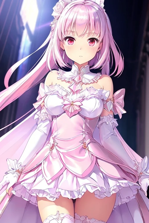 ((ultra detail game CG)), ((ultra detail background)), ((ultra detail satin clothes)), ((ultra detail clothes)), ((best quality)), ((masterpiece)), ((ultra detail satin shading)), (()), ((pink magical girl)), (pink satin dress, white satin pleated skirt, white satin cloak), (pink short bob hair, pink eyes), ((white satin long gloves, white satin knee socks)), ((night sky)), (clear oil coating pink satin dress, clear oil coating white satin pleated skirt, clear oil coating white satin long gloves, clear oil coating white satin knee socks, clear oil coating white satin cloak), fighting, bravely
