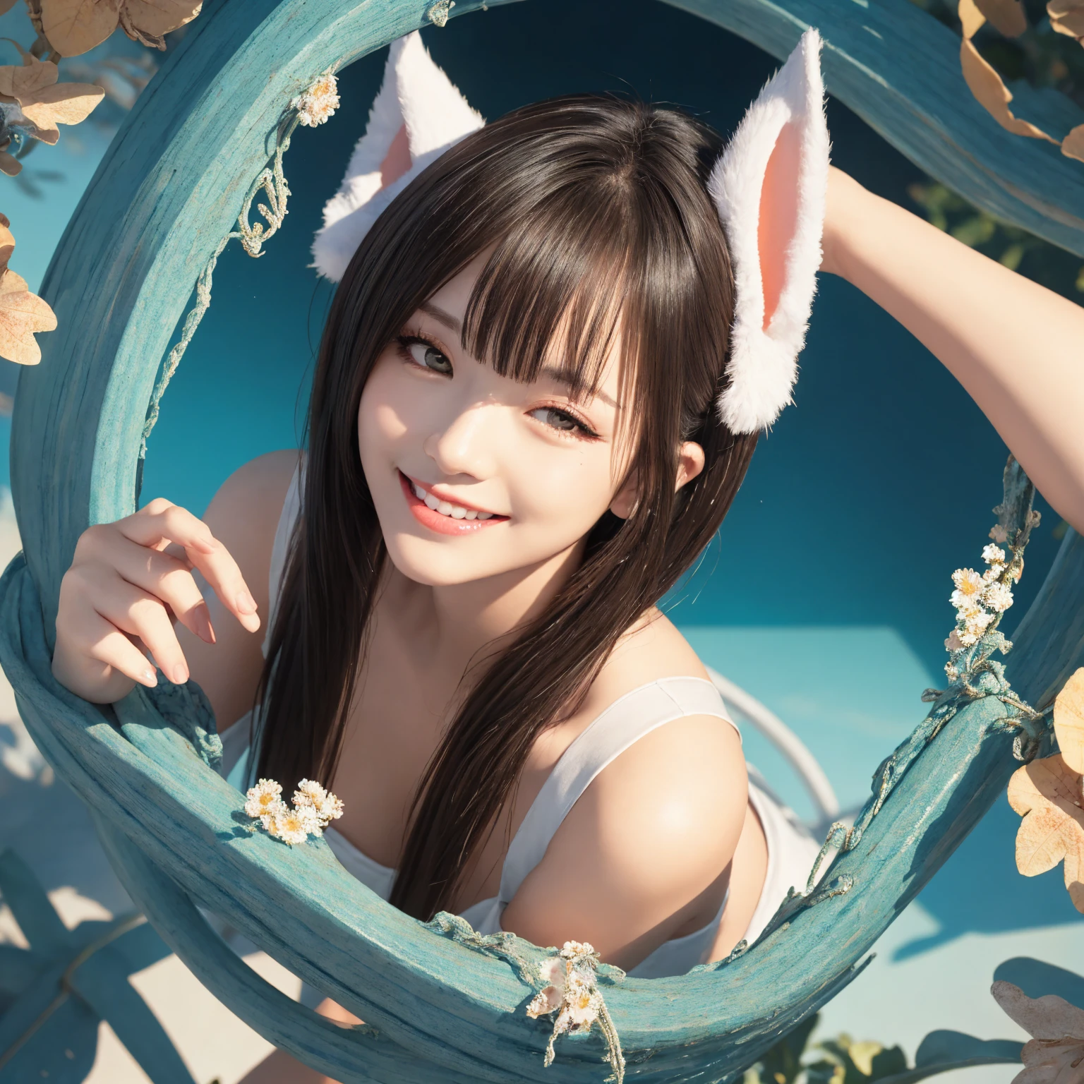 hair bobbles, wince, longeyelashes, solid circle eyes, fake animal ears, light smile, ear blush, fang, ccurate, medium hair, shiny hair, drop shadow, anaglyph, stereogram, tachi-e, pov, atmospheric perspective, 8k, super detail, best quality