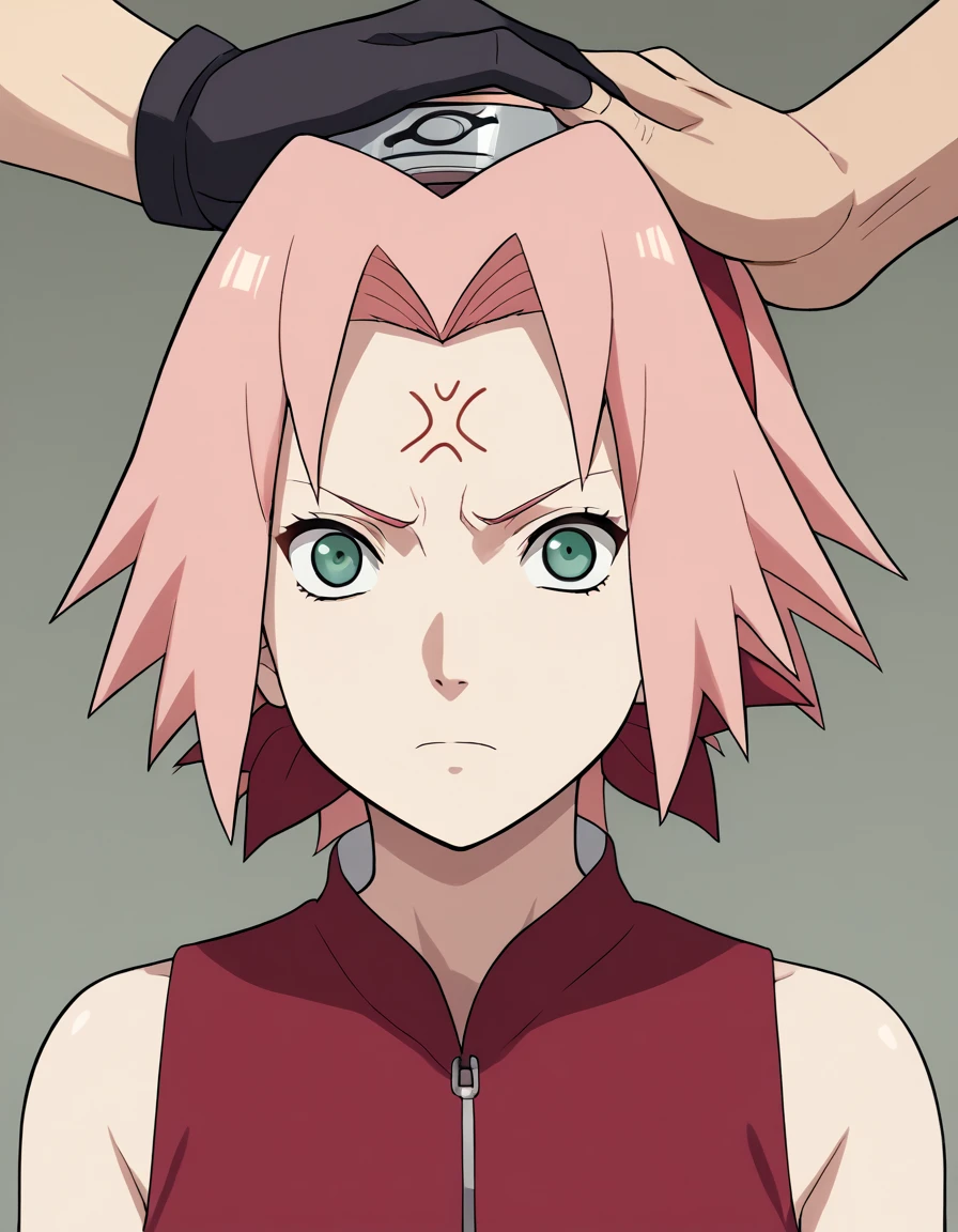 BREAK, source_anime,
upper body, 1girl, haruno sakura, pink hair, short hair, green eyes, sleeveless, forehead protector, beautiful legs, black gloves, full body, beautiful body, naked, konohagakure background, police crotchless lingerie,anger vein BREAK 1boy, white skin, hand on another head, penis on head, netorare, 