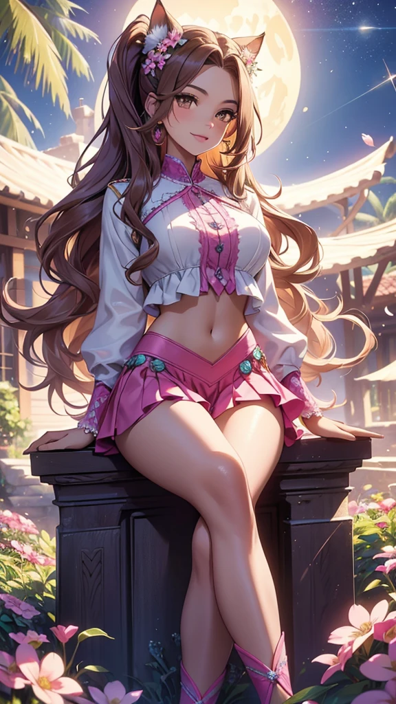 (best quality,4k,8k,highres,masterpiece:1.2),ultra-detailed,(realistic,photorealistic,photo-realistic:1.37),acrylic painting,beautiful Brazilian model in a uniform outfit with downy hair,beautiful Brazilian model with extremely colorful brown hair and detailed facial features,beautiful Brazilian model standing in a beautiful garden surrounded by a starry sky,brown hair,beautiful Brazilian model wearing a vibrant pink and teal uniform outfit,beautiful Brazilian model with intricate accessories,cat ears,beautiful Brazilian model posing gracefully with her hands on her hips,beautiful Brazilian model with long flowing twintails,beautiful Brazilian model with bright brown eyes and rosy lips,beautiful Brazilian model with a joyful expression,beautiful Brazilian model in a dynamic pose with cherry blossoms falling around her,beautiful Brazilian model surrounded by colorful flowers and butterflies,beautiful Brazilian model's school uniform outfit adorned with cute bows and lace details,beautiful Brazilian model with an enchanting smile,beautiful Brazilian model with soft, pastel-colored shading,beautiful Brazilian model with a magical glow illuminating her,beautiful Brazilian model in a picturesque setting with a winding path leading to a magnificent castle,beautiful Brazilian model with a fairytale-like background,beautiful Brazilian model with a soft, dreamy atmosphere,beautiful Brazilian model with a subtle bokeh effect,beautiful Brazilian model standing under a sunny sky,beautiful Brazilian model with a warm, golden sunset in the background,beautiful Brazilian model surrounded by twinkling stars and colorful nebulae,creating an ethereal and captivating artistic masterpiece, sitting down.