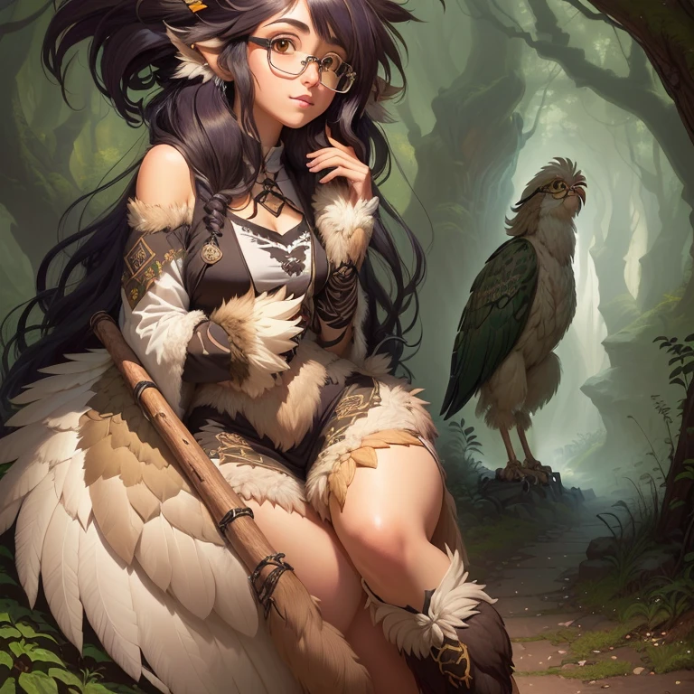 A picture of a person with bushy hair and glasses, Short full body portrait!, Young Harpy Girl, Drawing full body characters, inka harpy girl, Furry Characters, Character Design Humanoid, Haggis themed characters, Inspired by Rei Kamoi, Full body concept, Long-haired humanoid fursona, Cartoon characters, Wearing primitive clothing