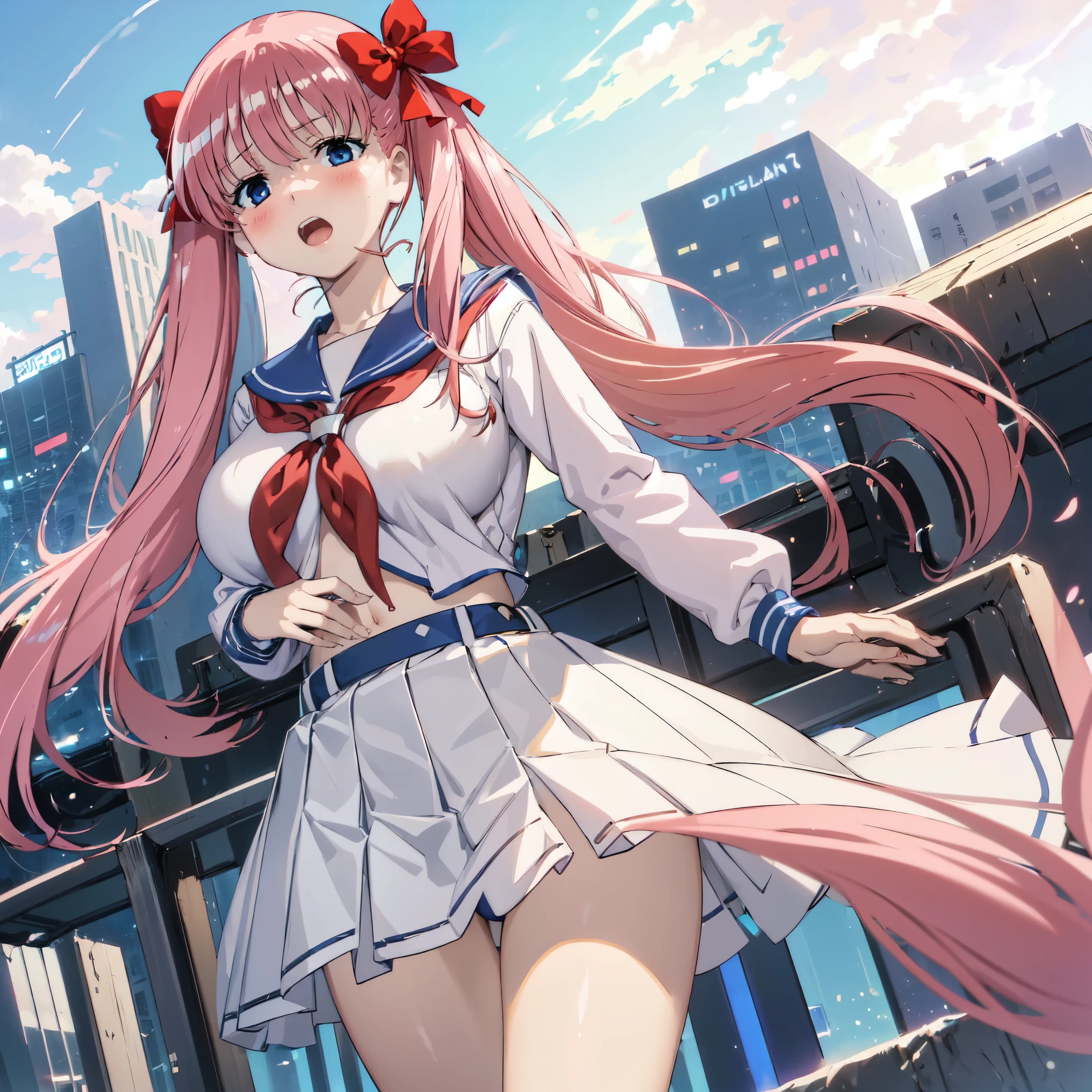 1women, ((big tits)), outdoor, city, people background, pink hair, blue eyes, twintail hair, open mouth, hair ribbon, view at camera, upperbody, closed eyes, ((sailor uniform)), short skirt, blush face