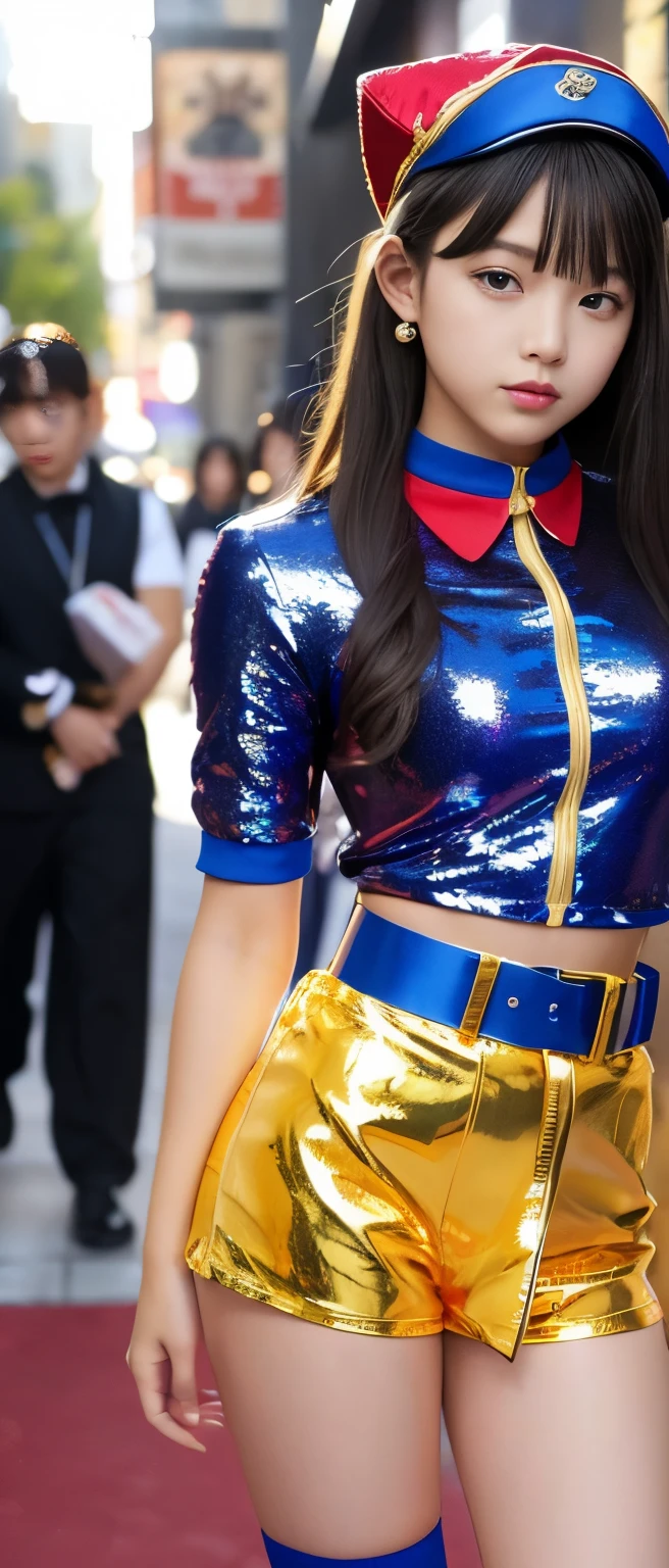 Cute Teen Idol Girl、whole body、Good style、、、、、、、、、、Thick legs、Sequined Uniform(Shiny Red、Shiny Blue、gold、、)、、Cool girl face、、Metallic Belt