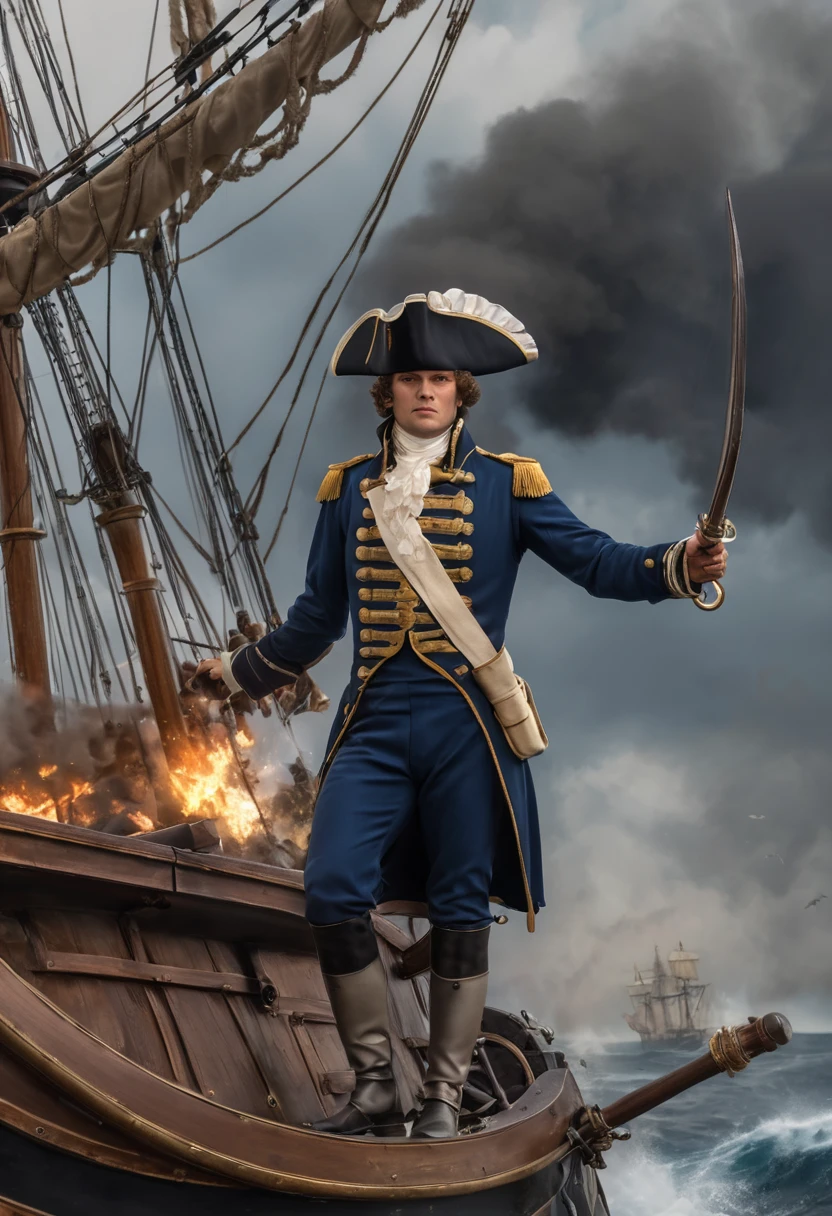 (Captain Horatio Hornblower:1.4)、Battle with Caribbean pirates、(2 Galleons:1.4)、 (Naval battles:1.2)、(Close Combat:1.2)、Caribbean、 (Galleon Fire:1.2)、(Galleon Explosion:1.2)、(Torn sails:1.2)、 (Realistic:1.2)、Very detailed、(intricate details 1.2)、8k, masterpiece,