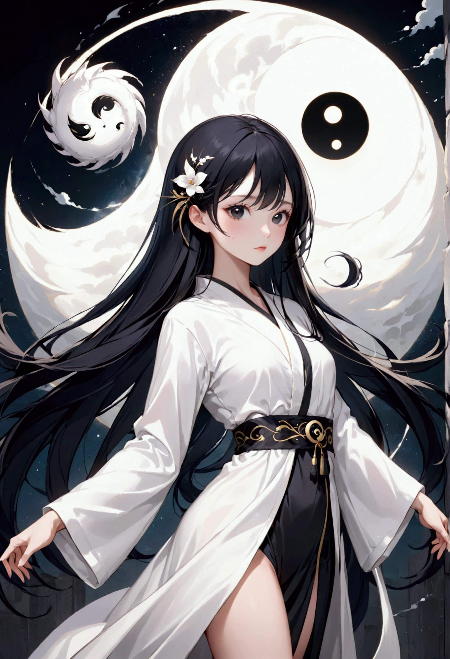 A girl with long black hair, black eyes, fair skin tone, slender and athletic built, ying yang robes, detailed hair, detailed body, aesthetic, best quality, 8k