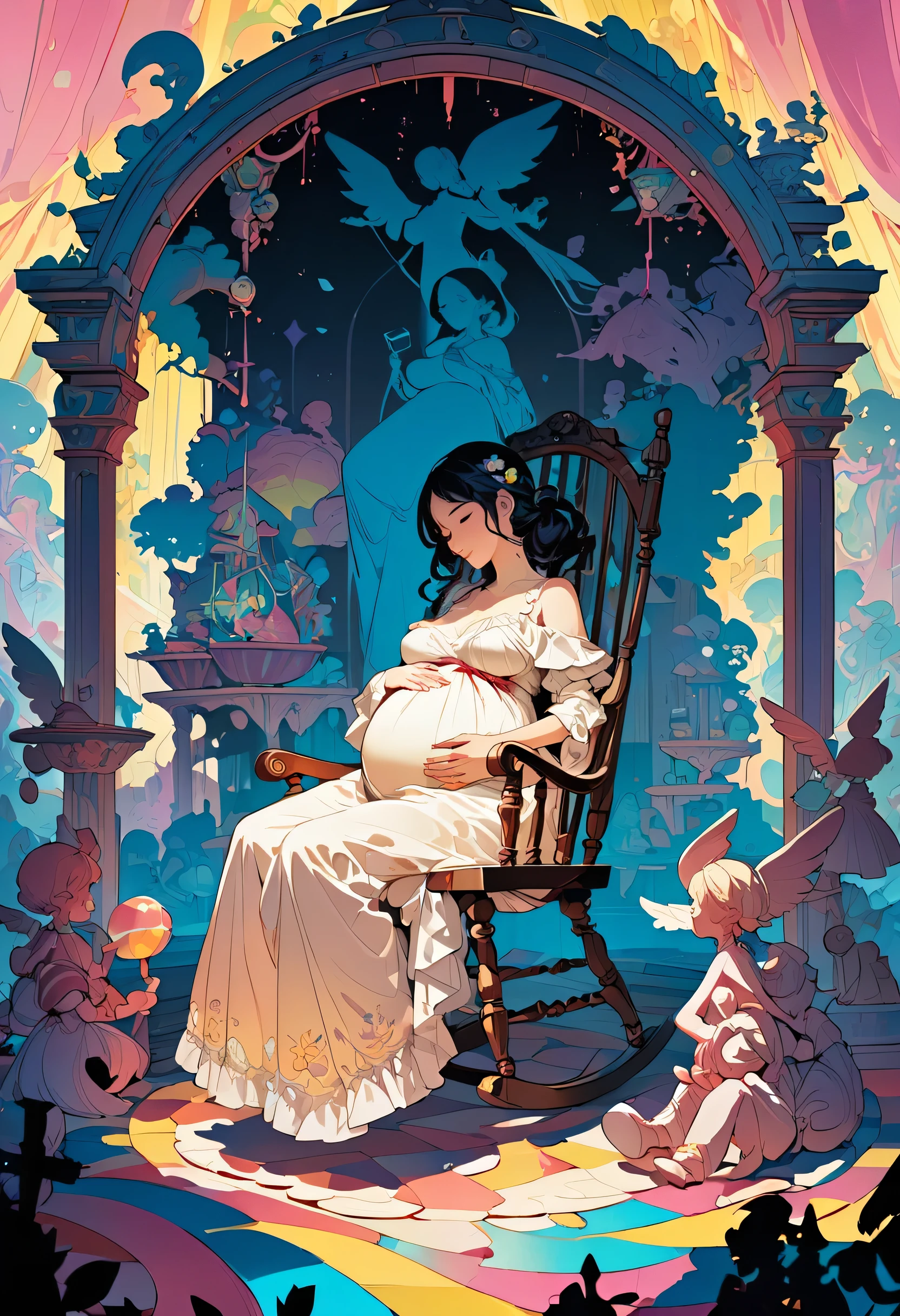 Multiple exposure of the silhouette of a pregnant woman who is about to give birth, sitting and sleeping in a rocking chair, Candyland Angels, Fantasy Concept Art, Shadow play, (Highest quality, masterpiece, Representative works, Official Art, Professional, Super intricate details, 8k:1.3)