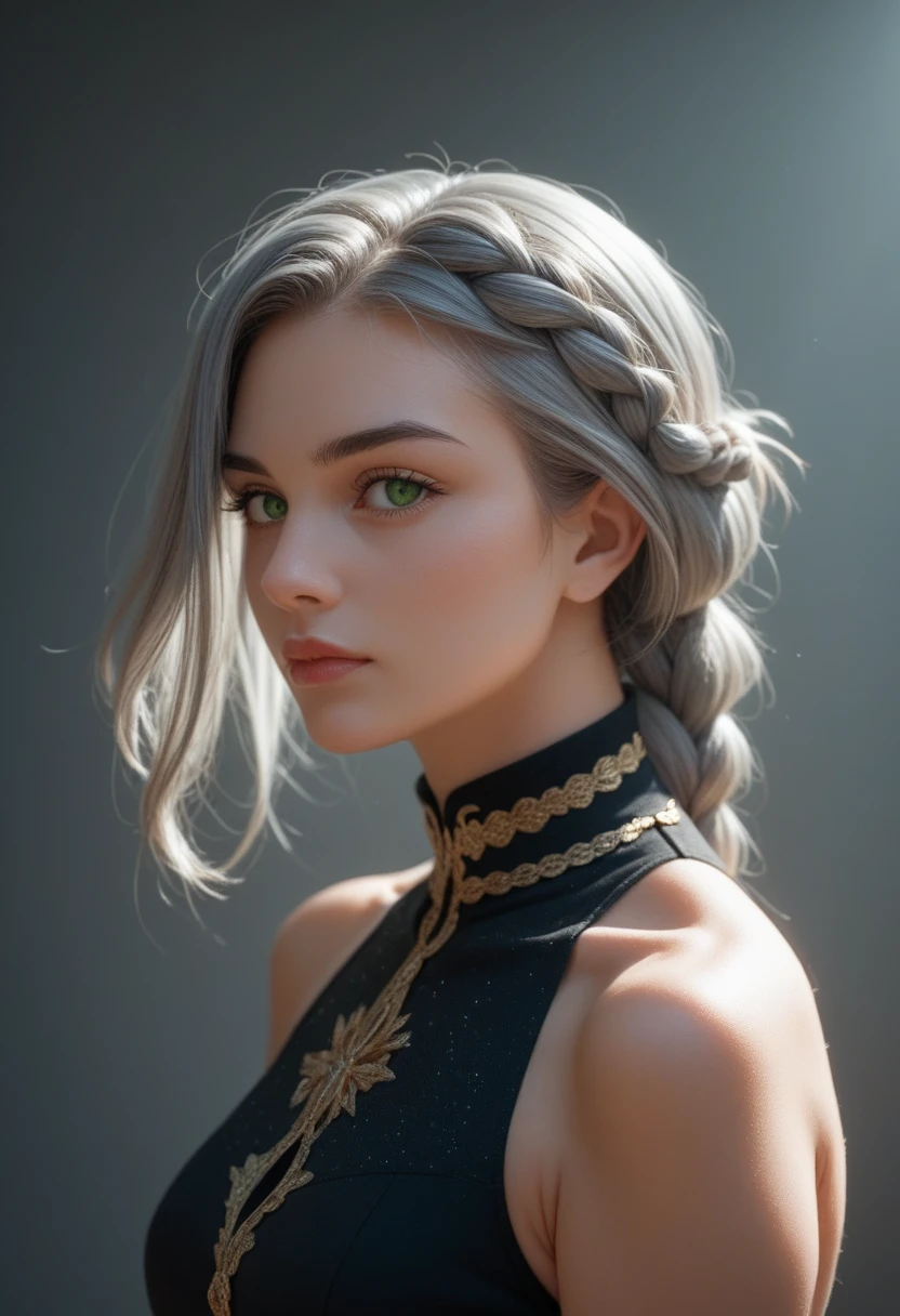 Create an image of a vtuber, long gray hair with braid, green eyes, low-cut black dress with gold details, centered, symmetry, painted, intricate, volumetric lighting, beautiful masterpiece of deep rich colors, sharp focus, ultra detailed, in the style of Dan Mumford and Marc Simonetti, astrophotography