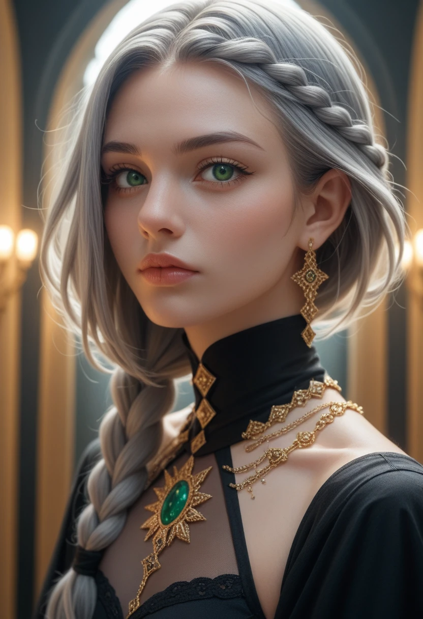 Create an image of a vtuber, long gray hair with braid, green eyes, low-cut black dress with gold details, centered, symmetry, painted, intricate, volumetric lighting, beautiful masterpiece of deep rich colors, sharp focus, ultra detailed, in the style of Dan Mumford and Marc Simonetti, astrophotography