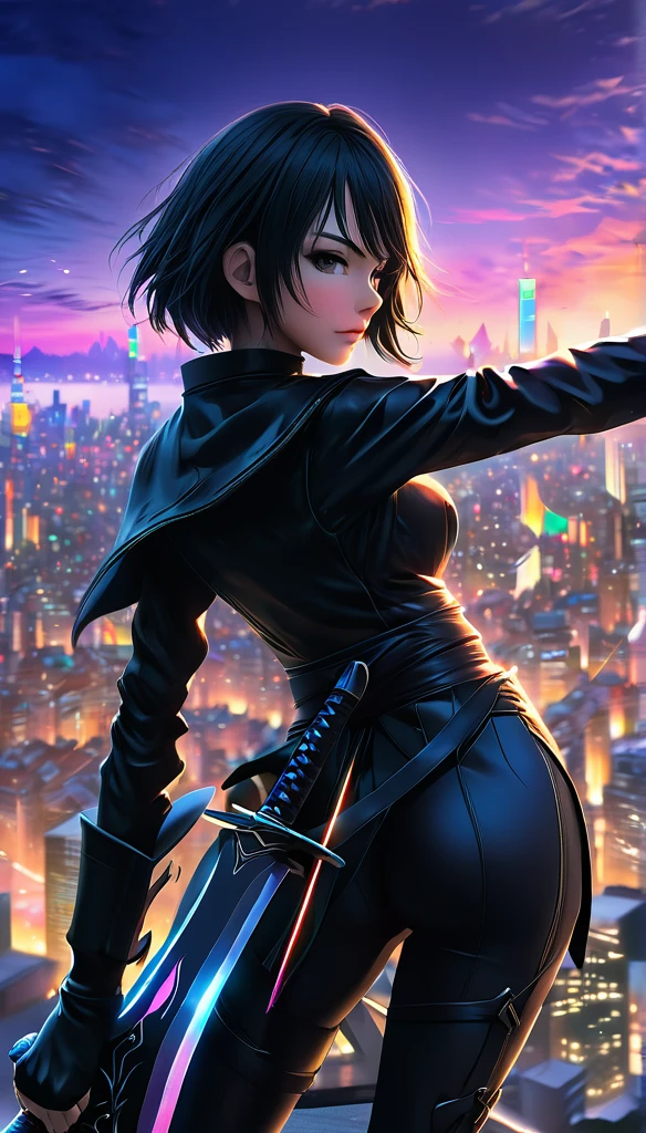 a woman in a black outfit holding a sword in front of a city, best anime 4k konachan wallpaper, hero pose colorful city lighting, anime wallpaper 4k, anime wallpaper 4 k, badass anime 8 k, anime styled 3d, anime style mixed with fujifilm, 4k anime wallpaper, anime art wallpaper 8 k, anime style 4 k